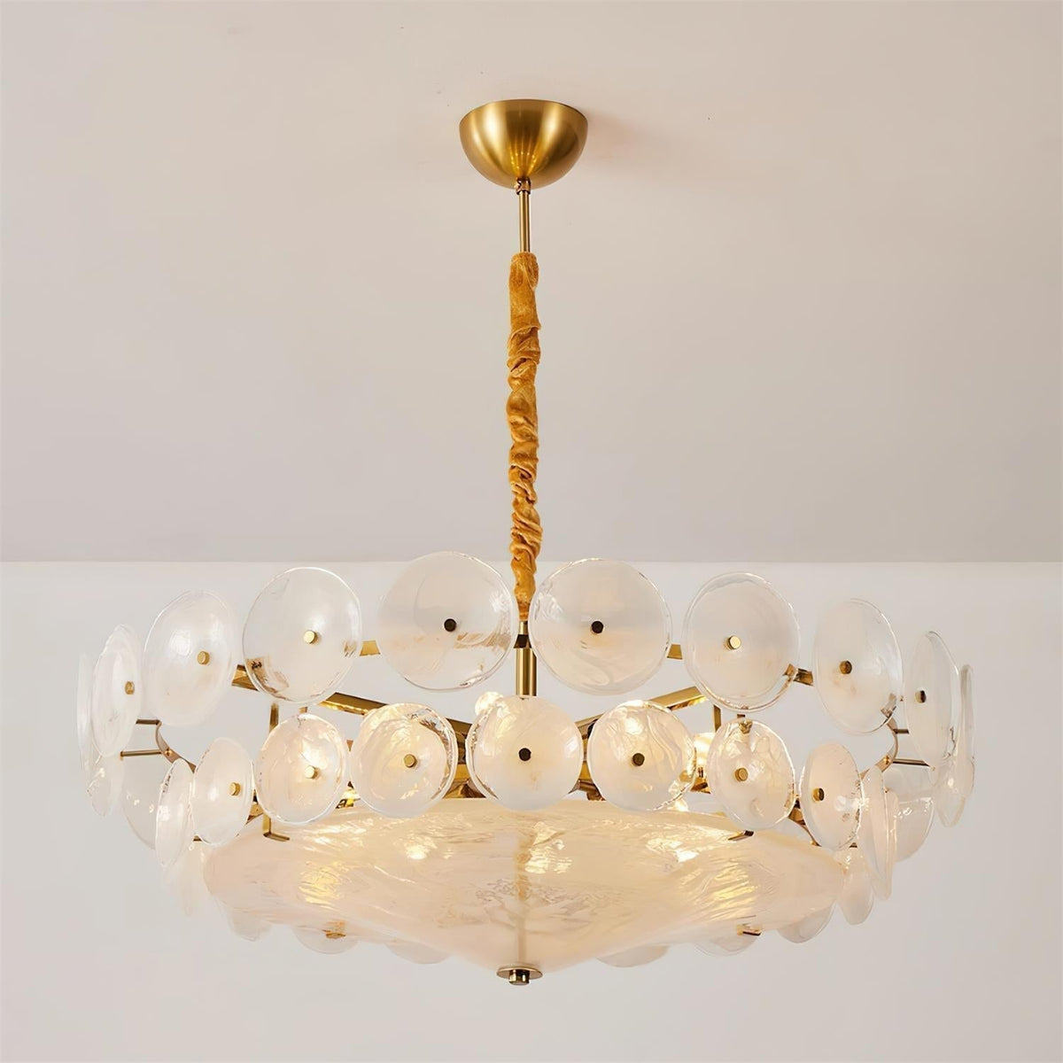 Selvora kroonluchter amber glas schijf elegant goud