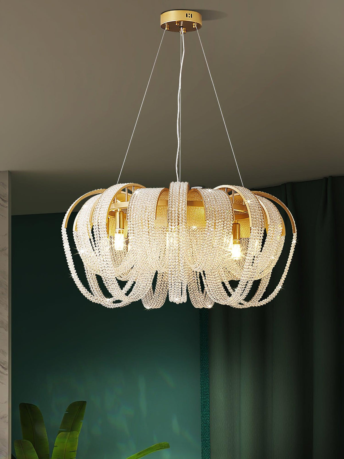Siv kroonluchter met mesh kristal en gouden waterval-effect