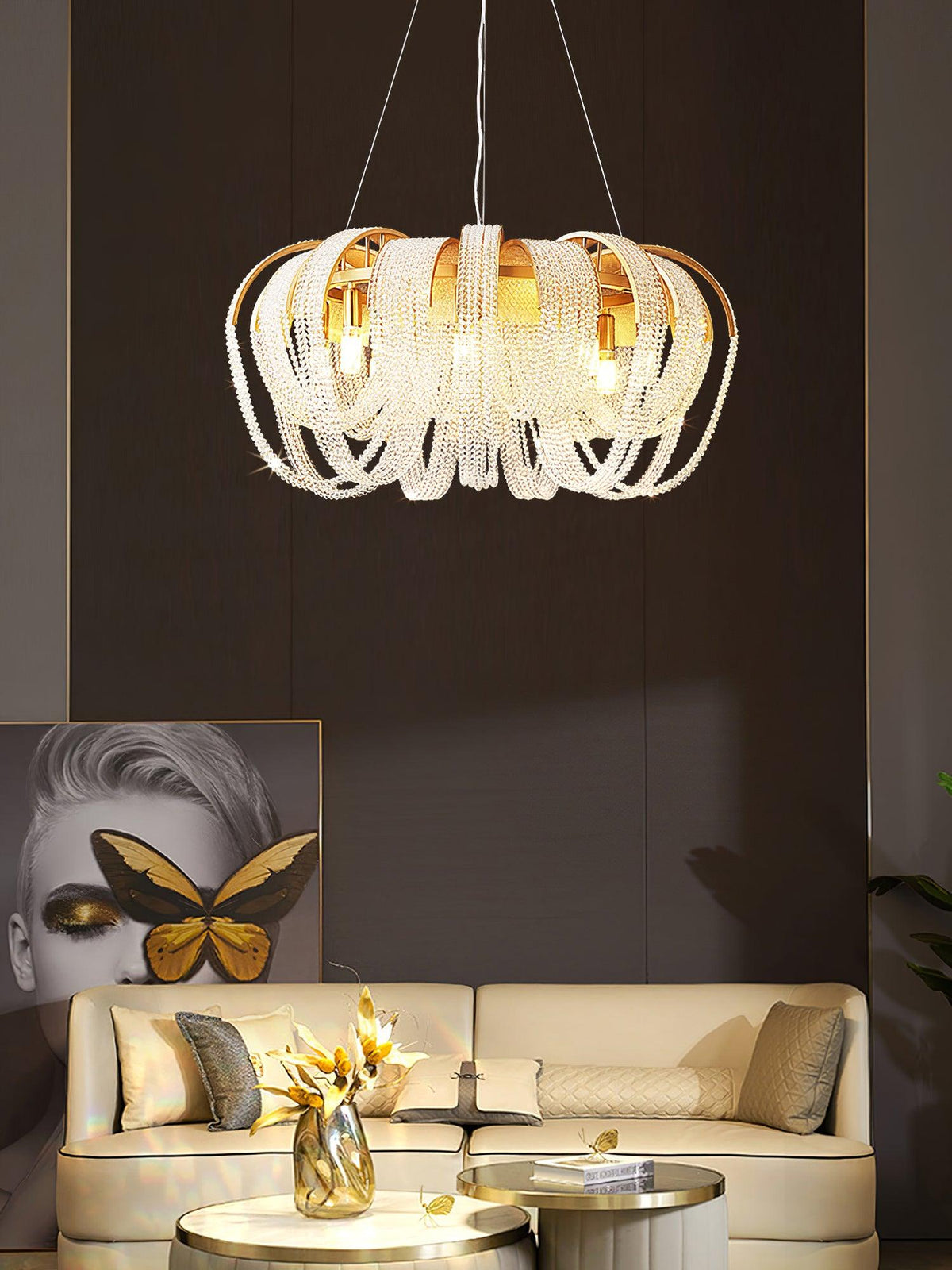 Siv kroonluchter met mesh kristal en gouden waterval-effect