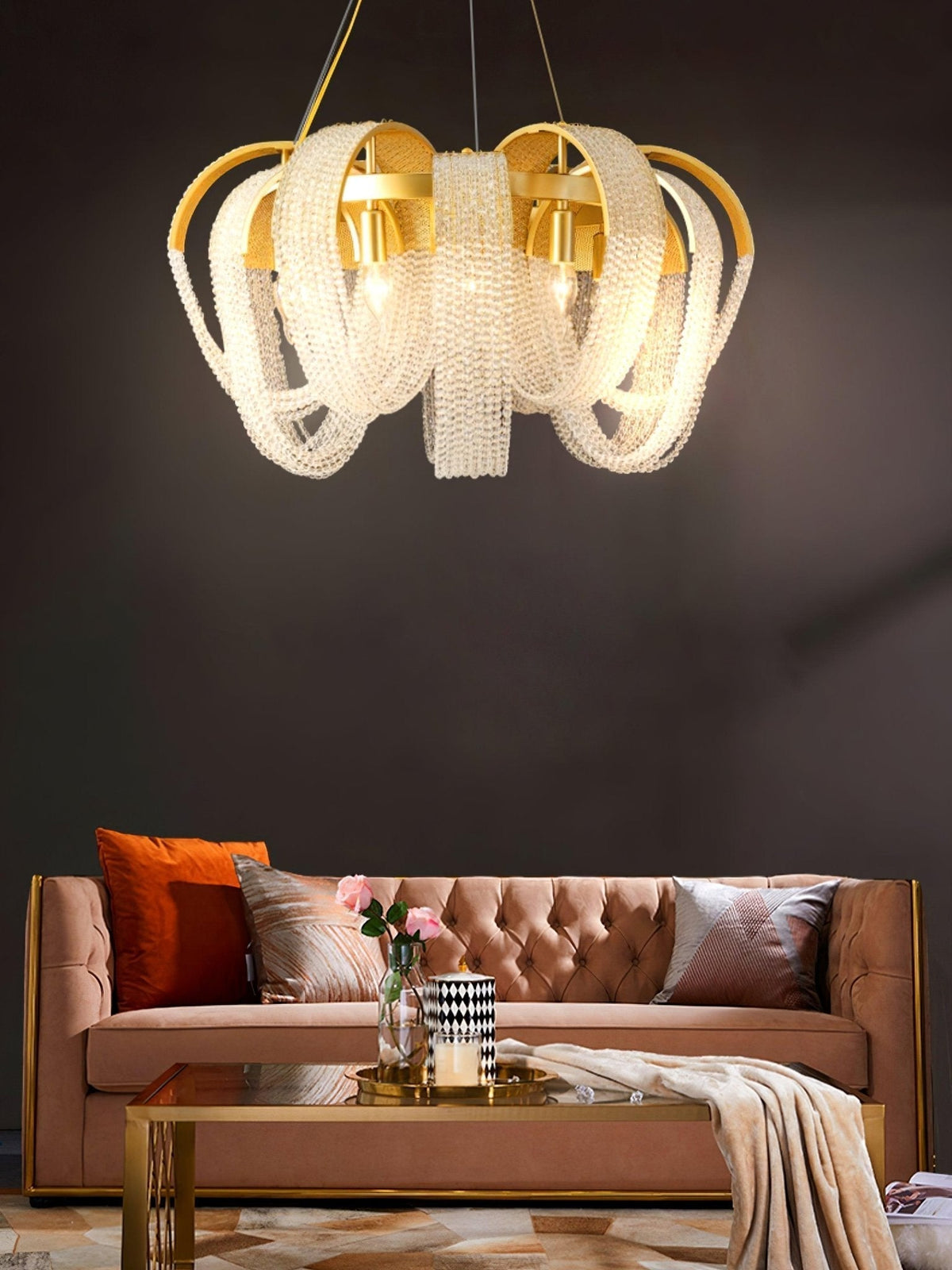 Siv kroonluchter met mesh kristal en gouden waterval-effect