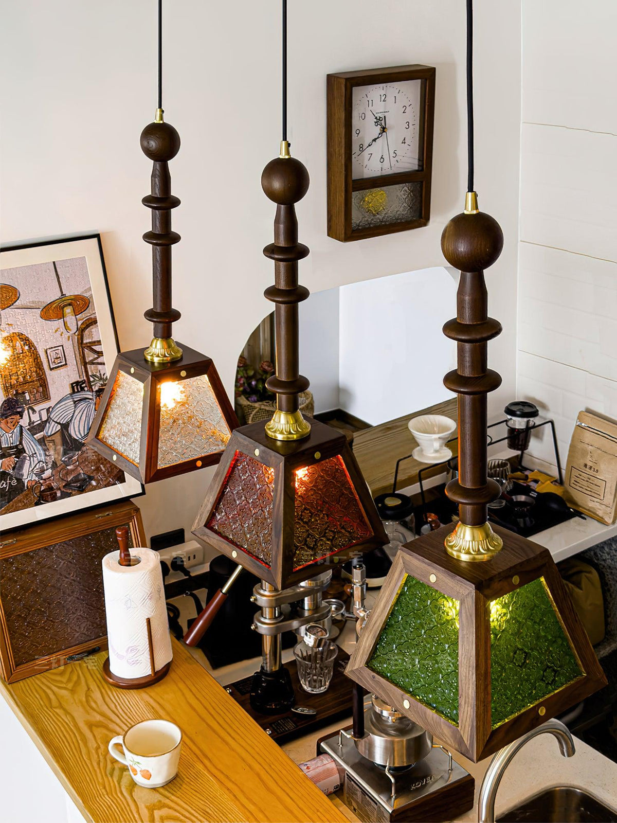 Zilten elegantie Vintage glas Hout hanglamp