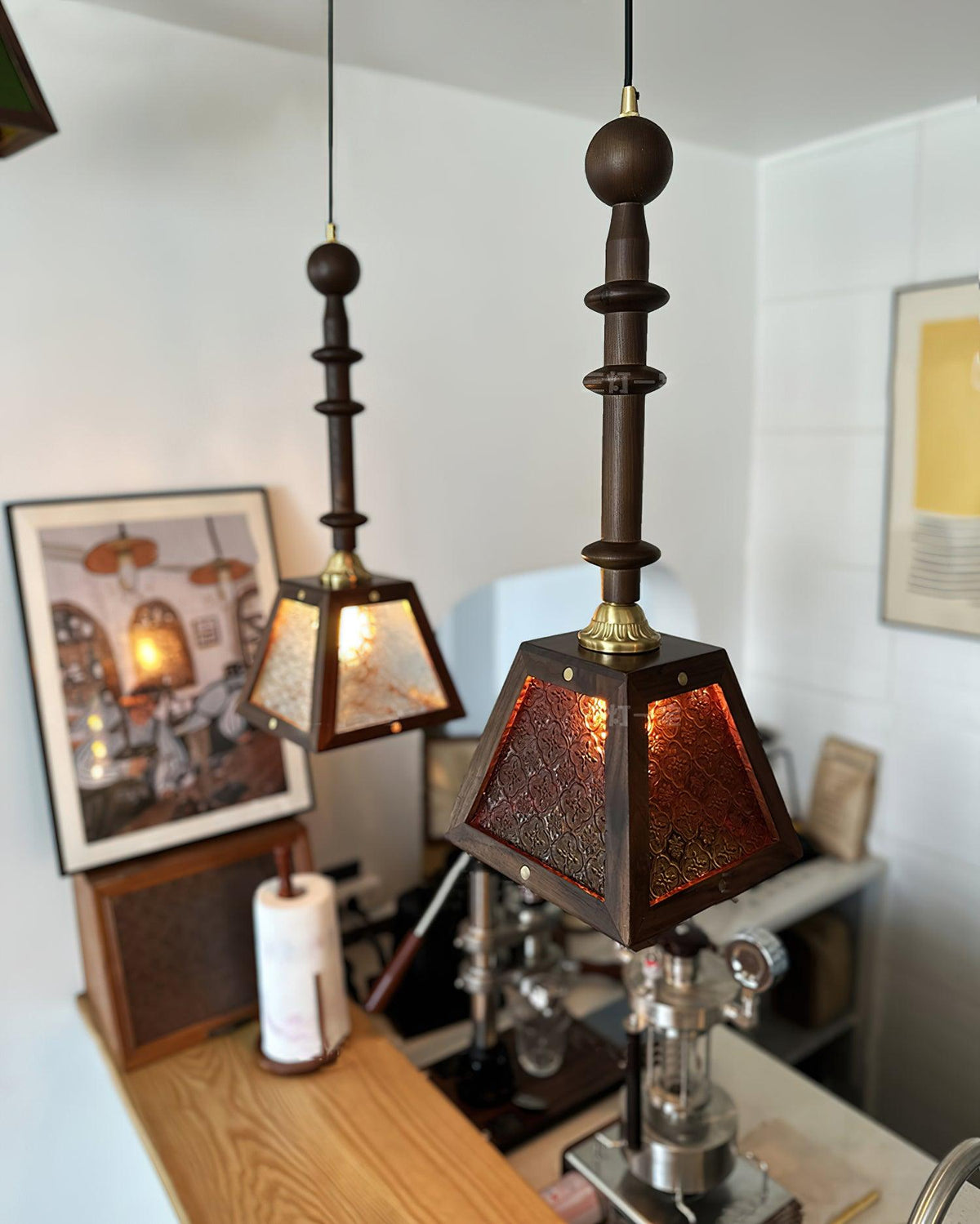 Zilten elegantie Vintage glas Hout hanglamp