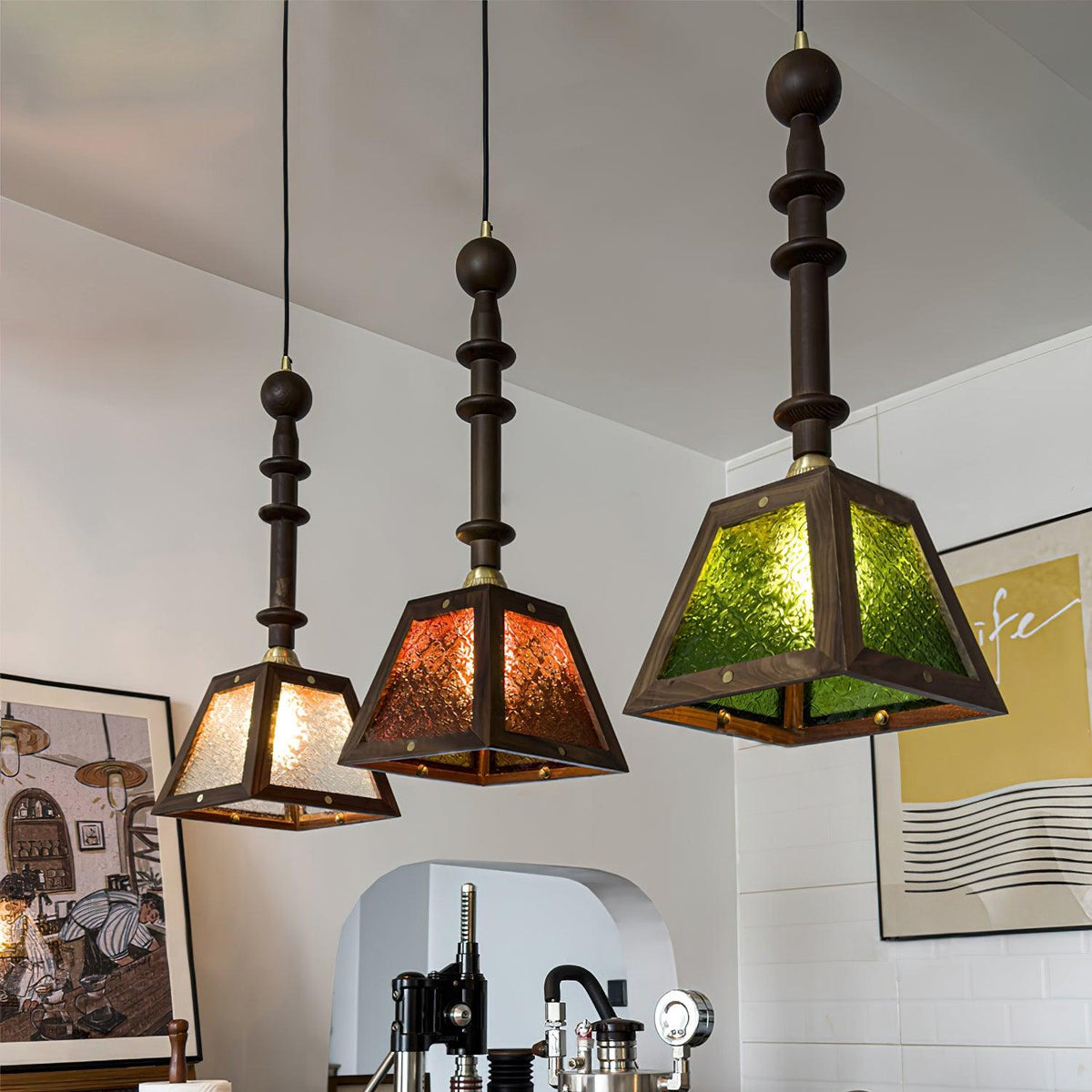 Zilten elegantie Vintage glas Hout hanglamp