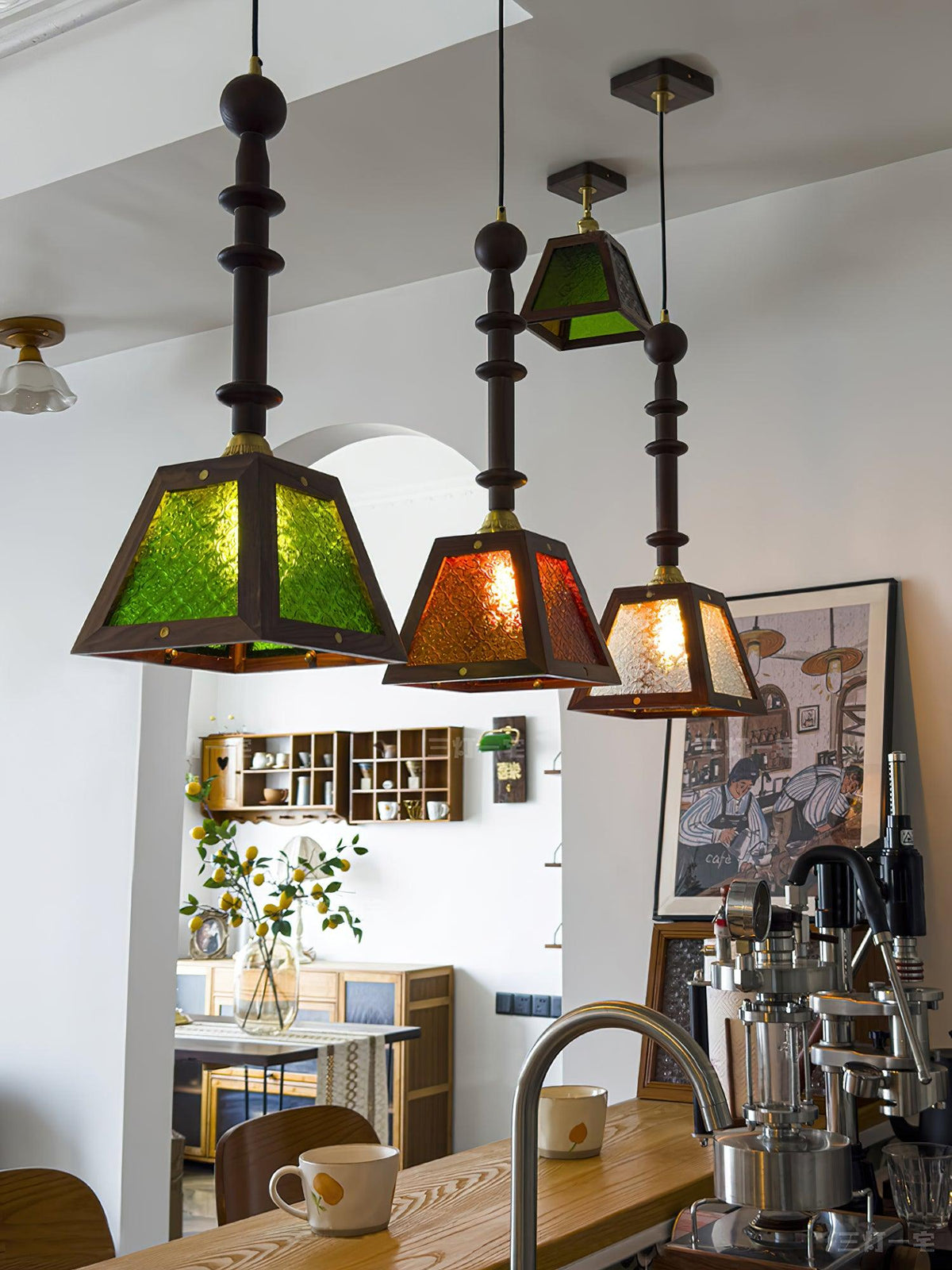 Zilten elegantie Vintage glas Hout hanglamp