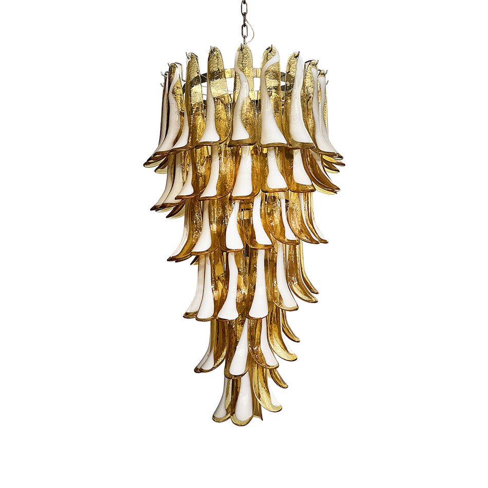 Lumenaine kroonluchter met amberkleurige Murano-spiralen en witte bloemblaadjes