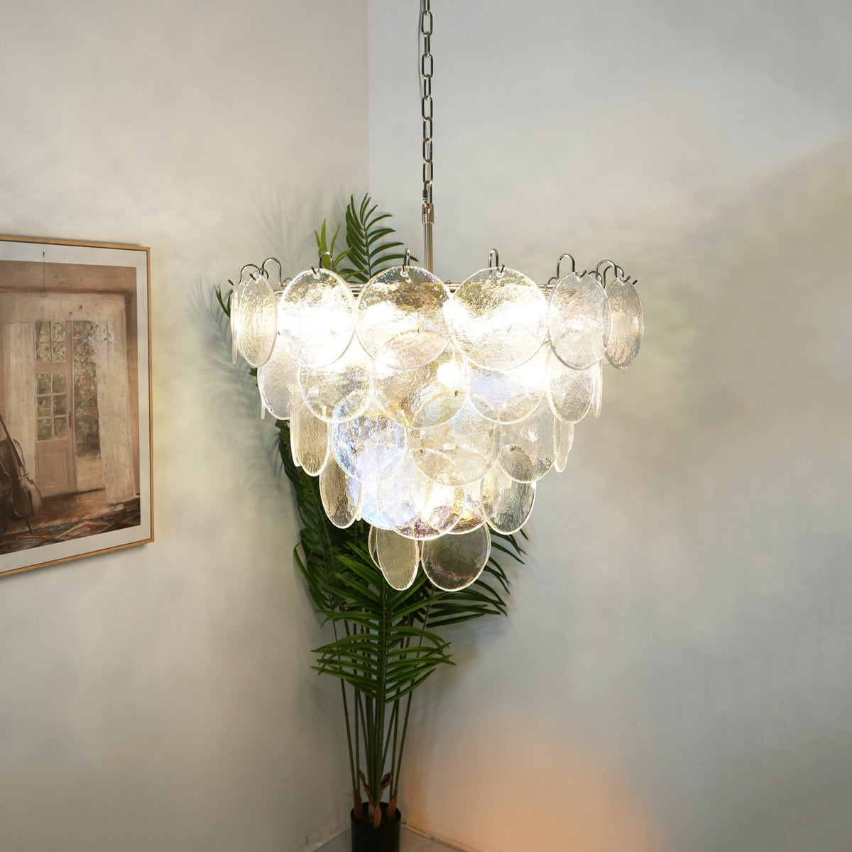 Liorerora kroonluchter met iriserend Murano-glas schijf