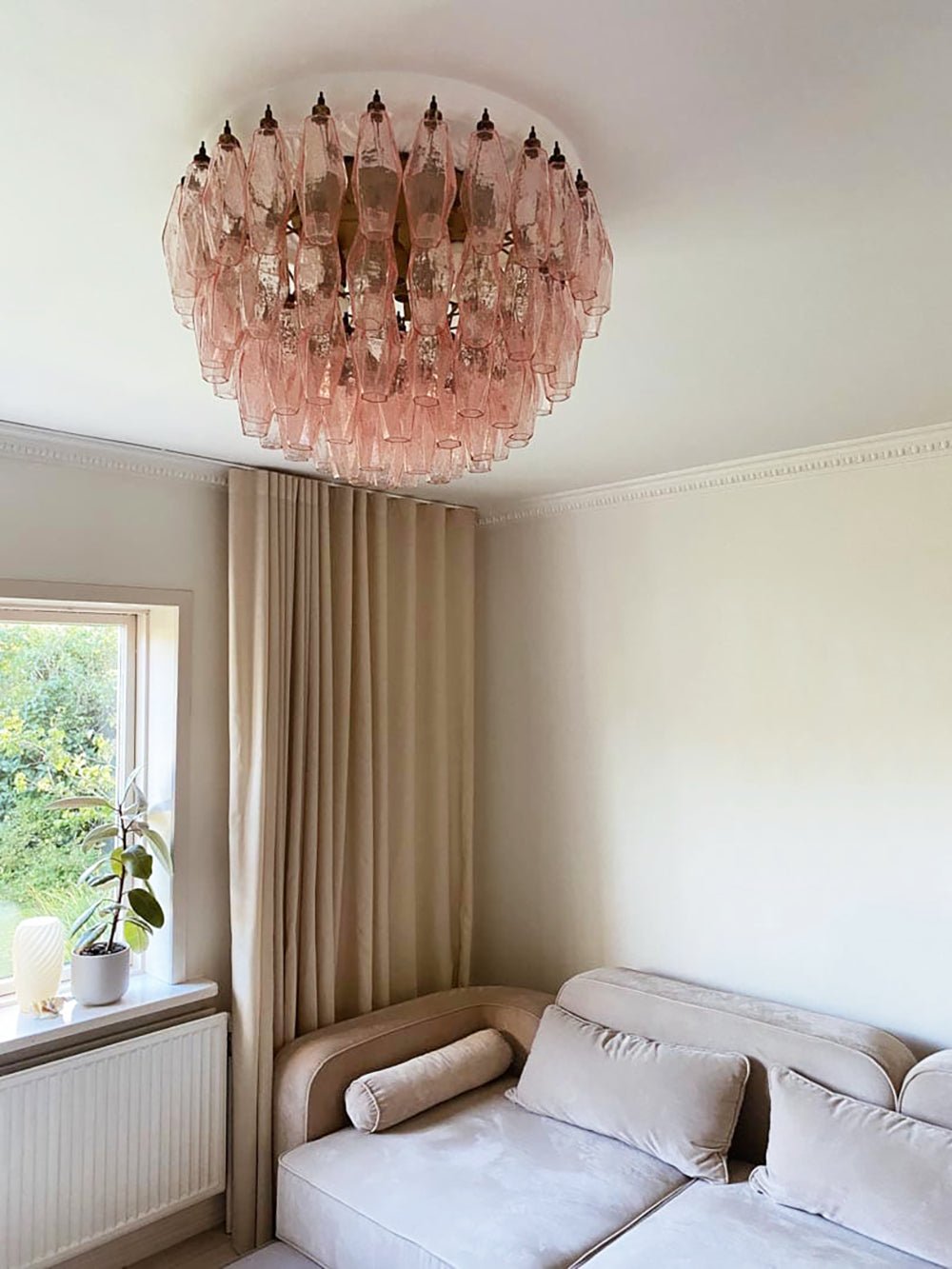 Evix plafondlamp van glas roze rhombusglas gelaagd vintage elegantie
