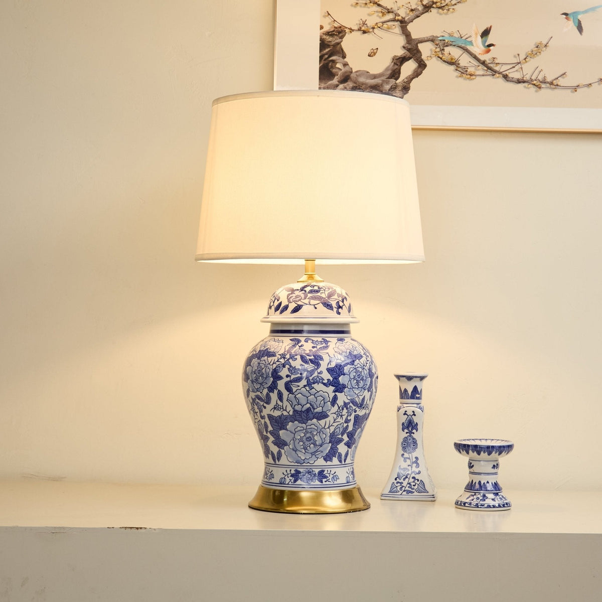Peony tafellamp met Blauwe Peonie-vaas