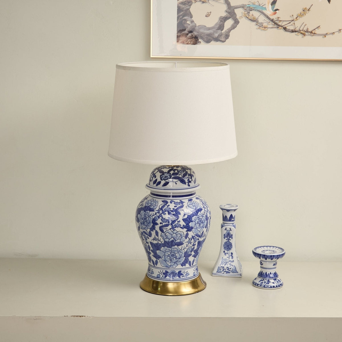 Peony tafellamp met Blauwe Peonie-vaas
