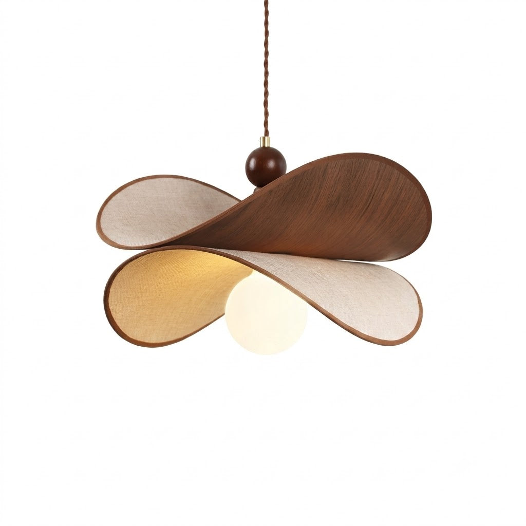 Zephyr hanglamp walnoot linnen met gedraaid bloemblaad houten frame