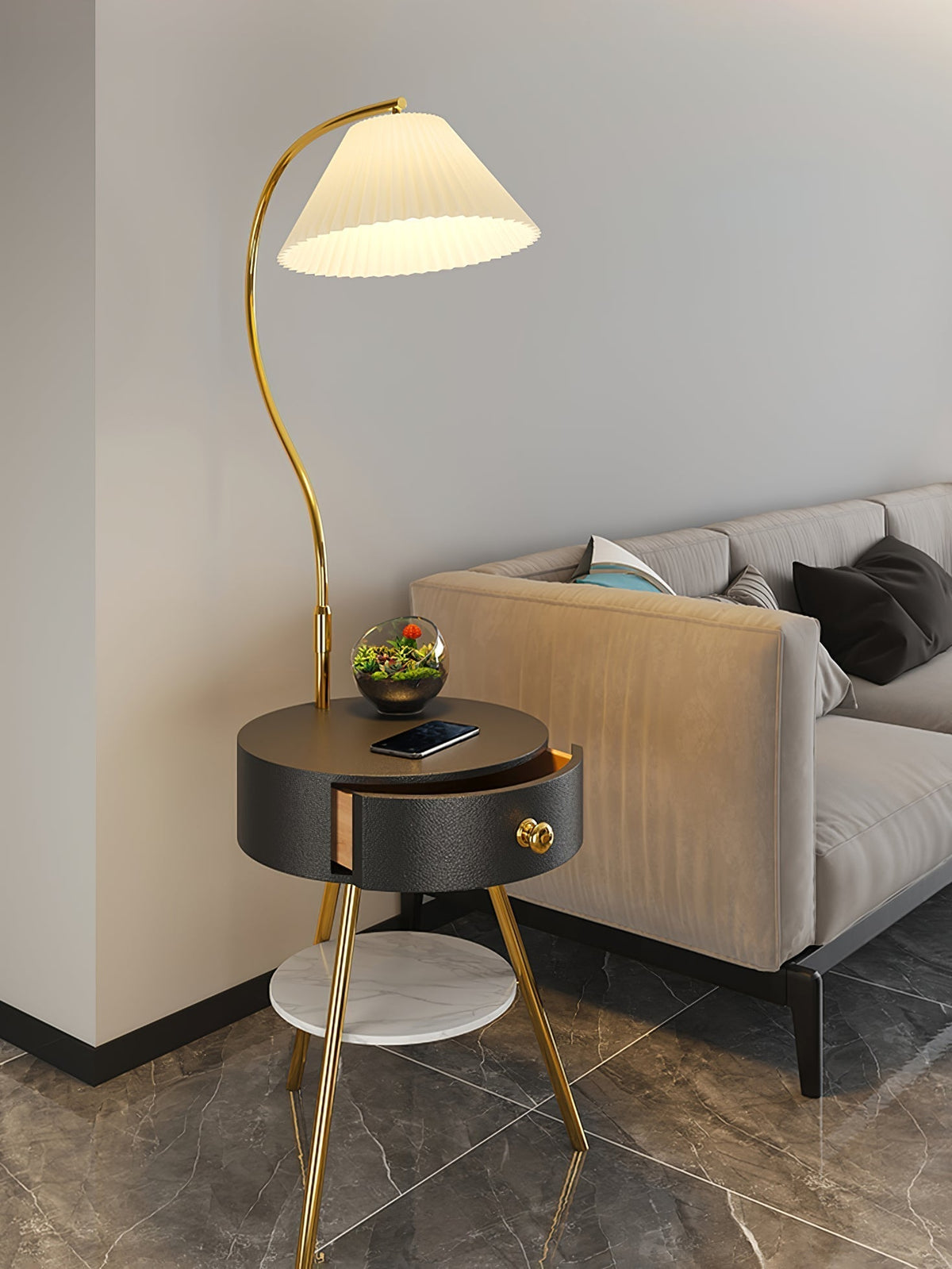 Yase houten marmeren vloerlamp