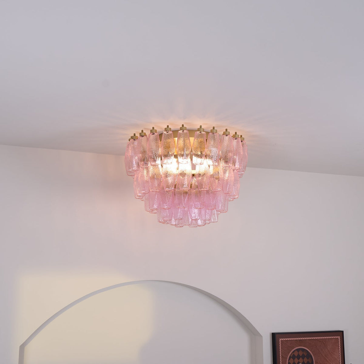 Celelaya plafondlamp Poliedri gelaagde roze Murano-glas vlakke plafondlamp