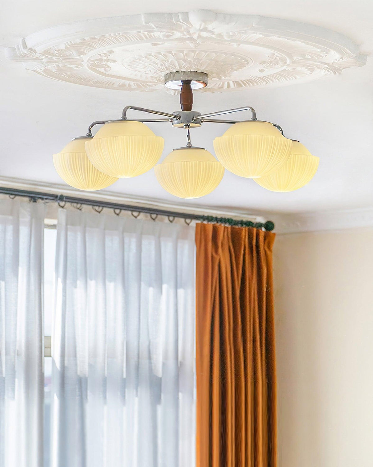 Rinivian Kroonluchter Retro glas chroom Walnoot