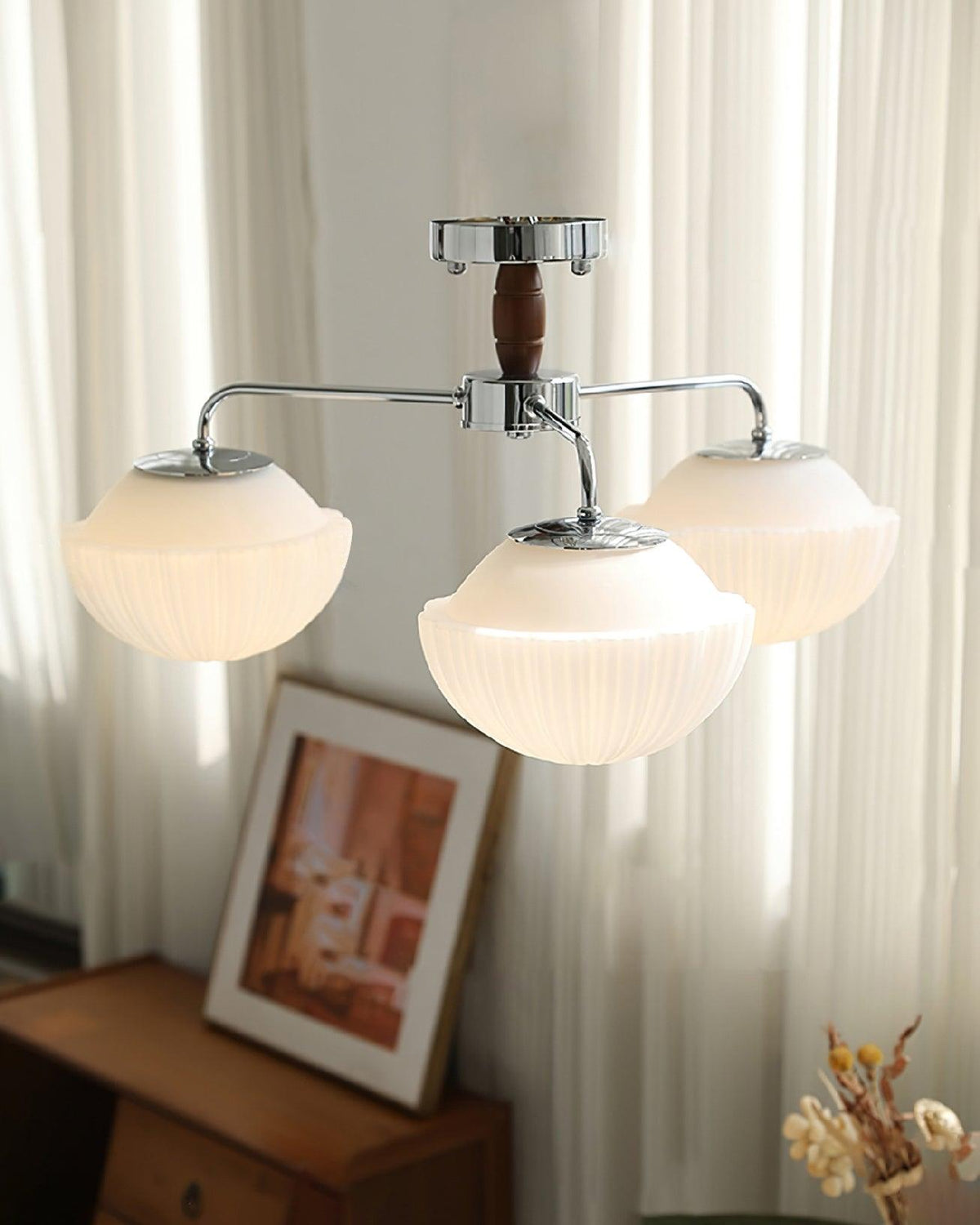Rinivian Kroonluchter Retro glas chroom Walnoot