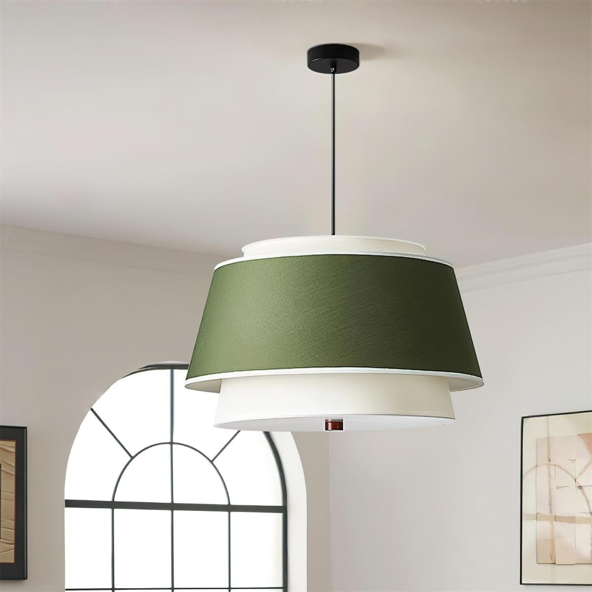 Sorarina hanglamp met blauwe bloemenstof en walnootlaag