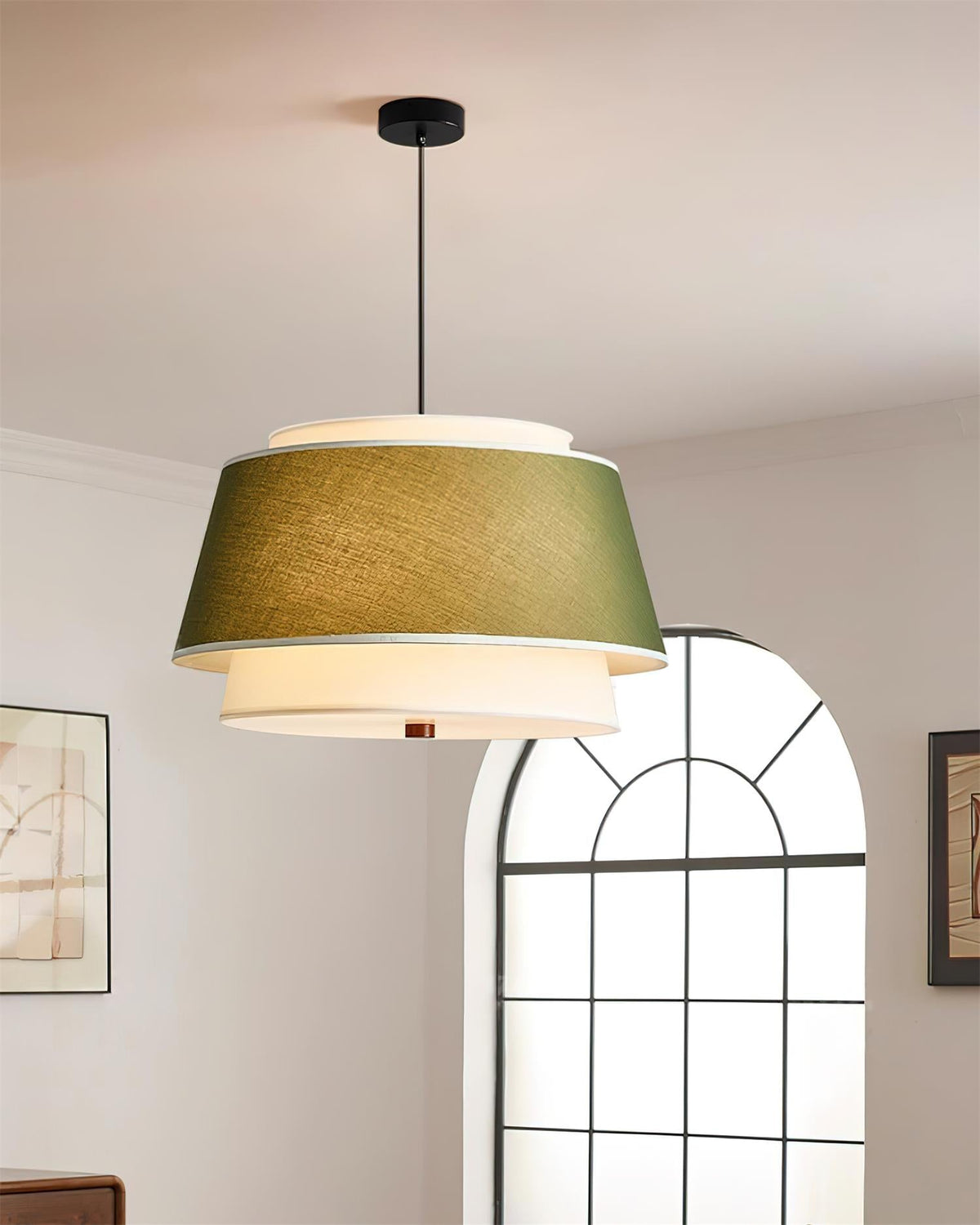 Sorarina hanglamp met blauwe bloemenstof en walnootlaag