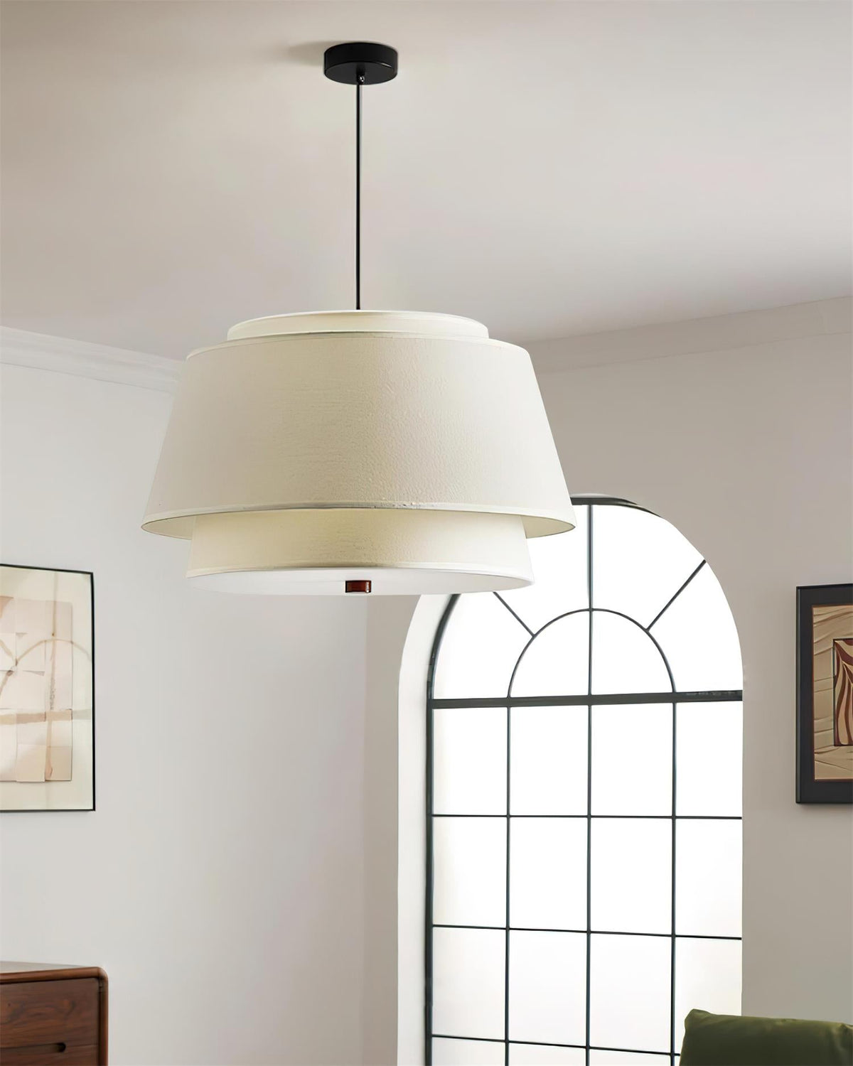 Sorarina hanglamp met blauwe bloemenstof en walnootlaag