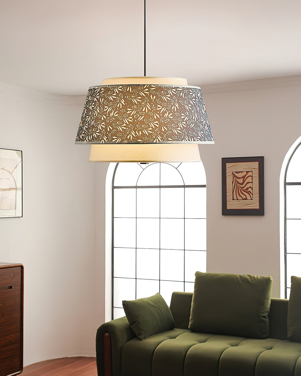 Sorarina hanglamp met blauwe bloemenstof en walnootlaag