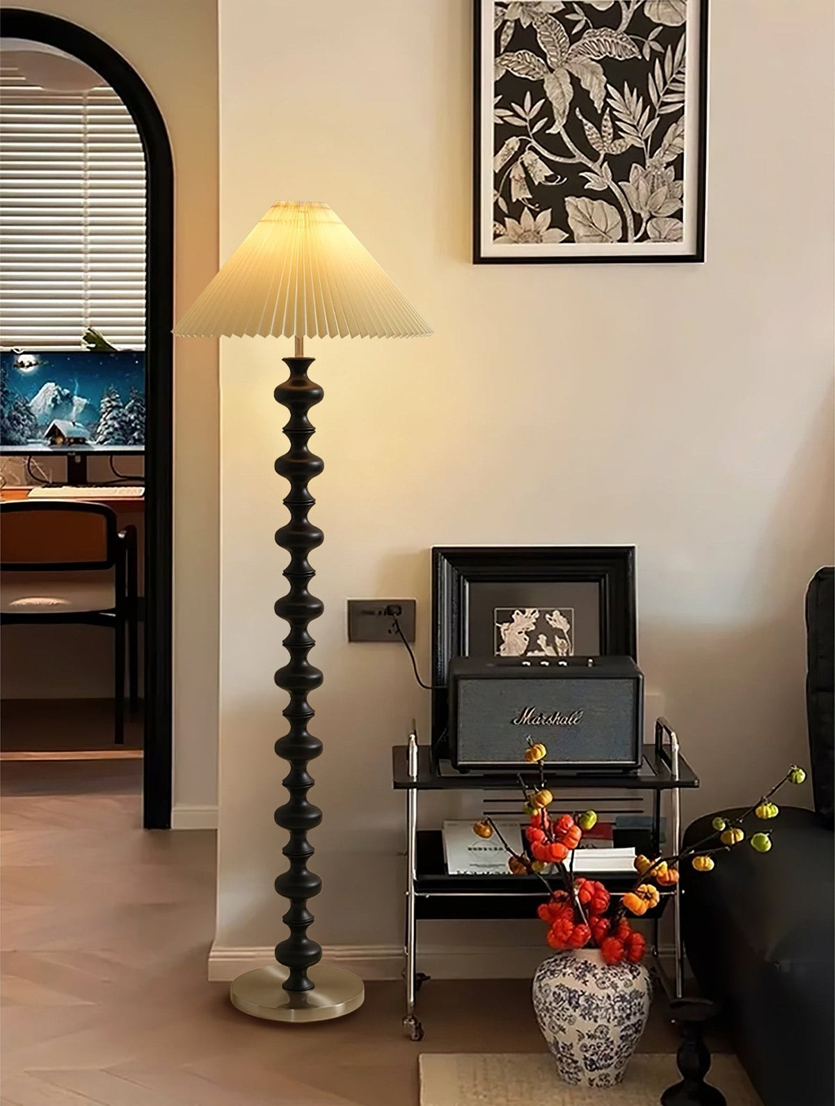 Sylirora vloerlamp van walnoothout en beige stof