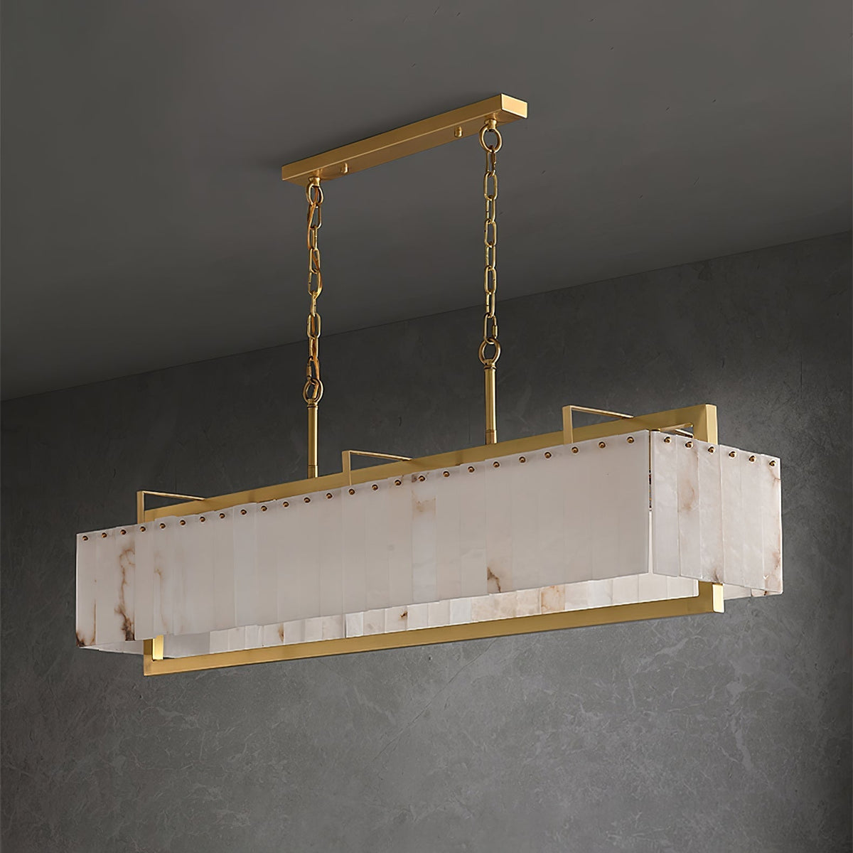 Nivivenne rechthoekige albasten hanglamp met goudkleurige metalen lijst
