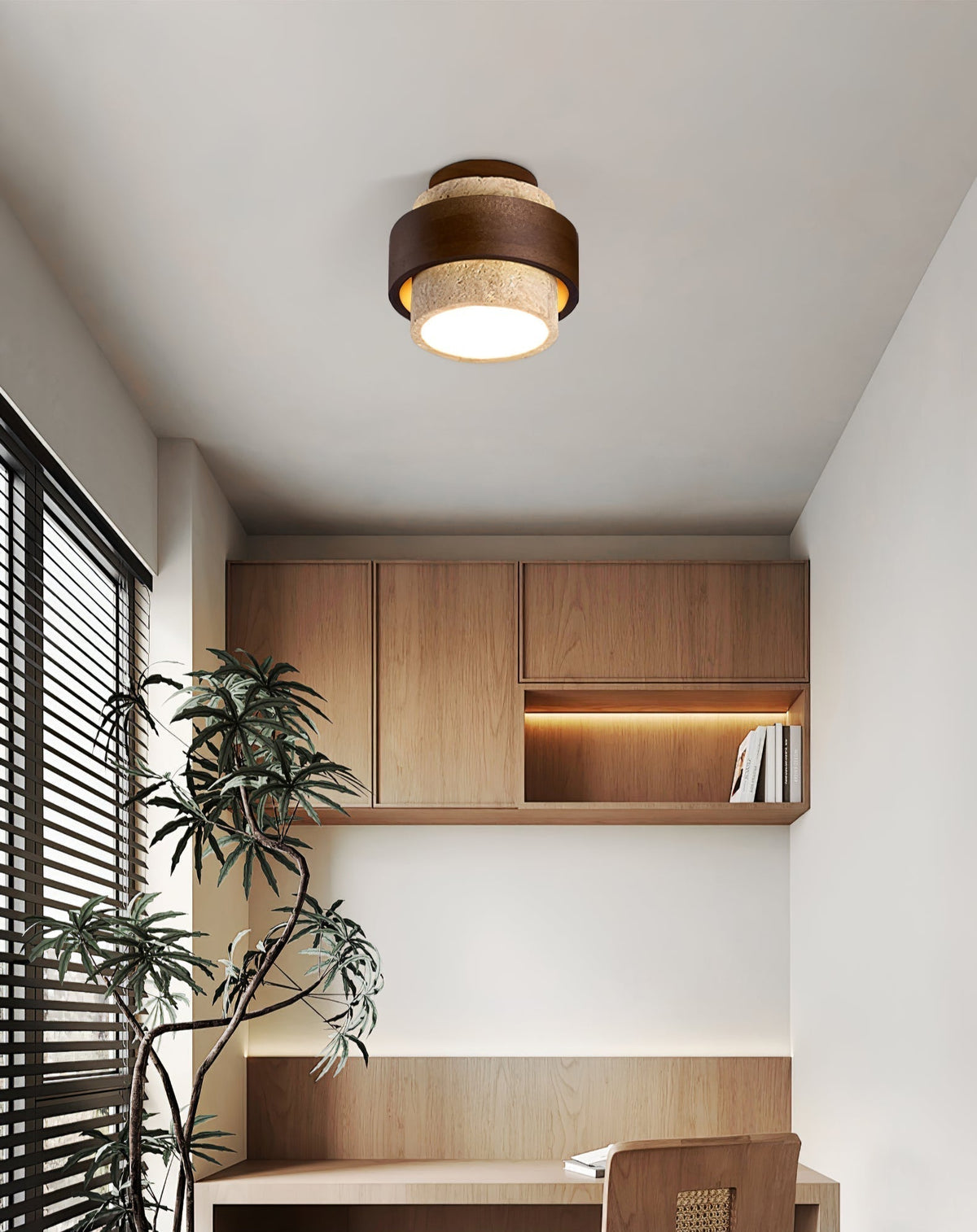 Perra plafondlamp met geconcentreerde ringen van travertin en donker walnoot