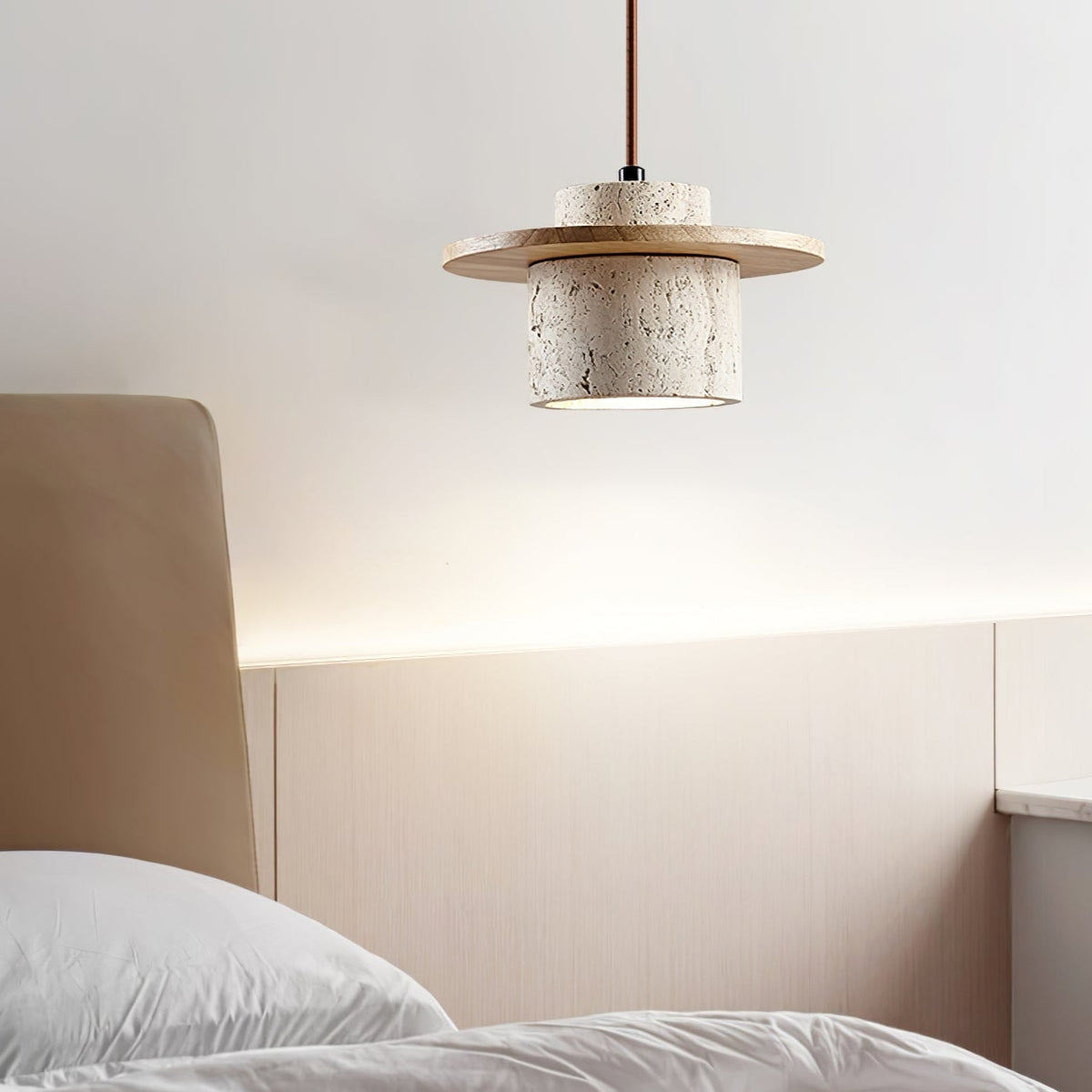Valerelle hanglamp met cirkelvormige travertin schijf en cilindrische stenen kap