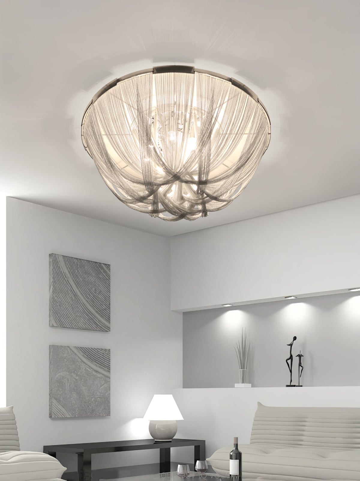 Talj plafondlamp met ketting van aluminium en tassel in nikkel