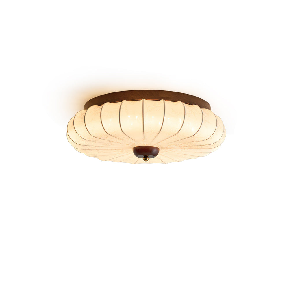 Miroraine vlakke plafondlamp walnootkleurige afwerking beige stoffen kap