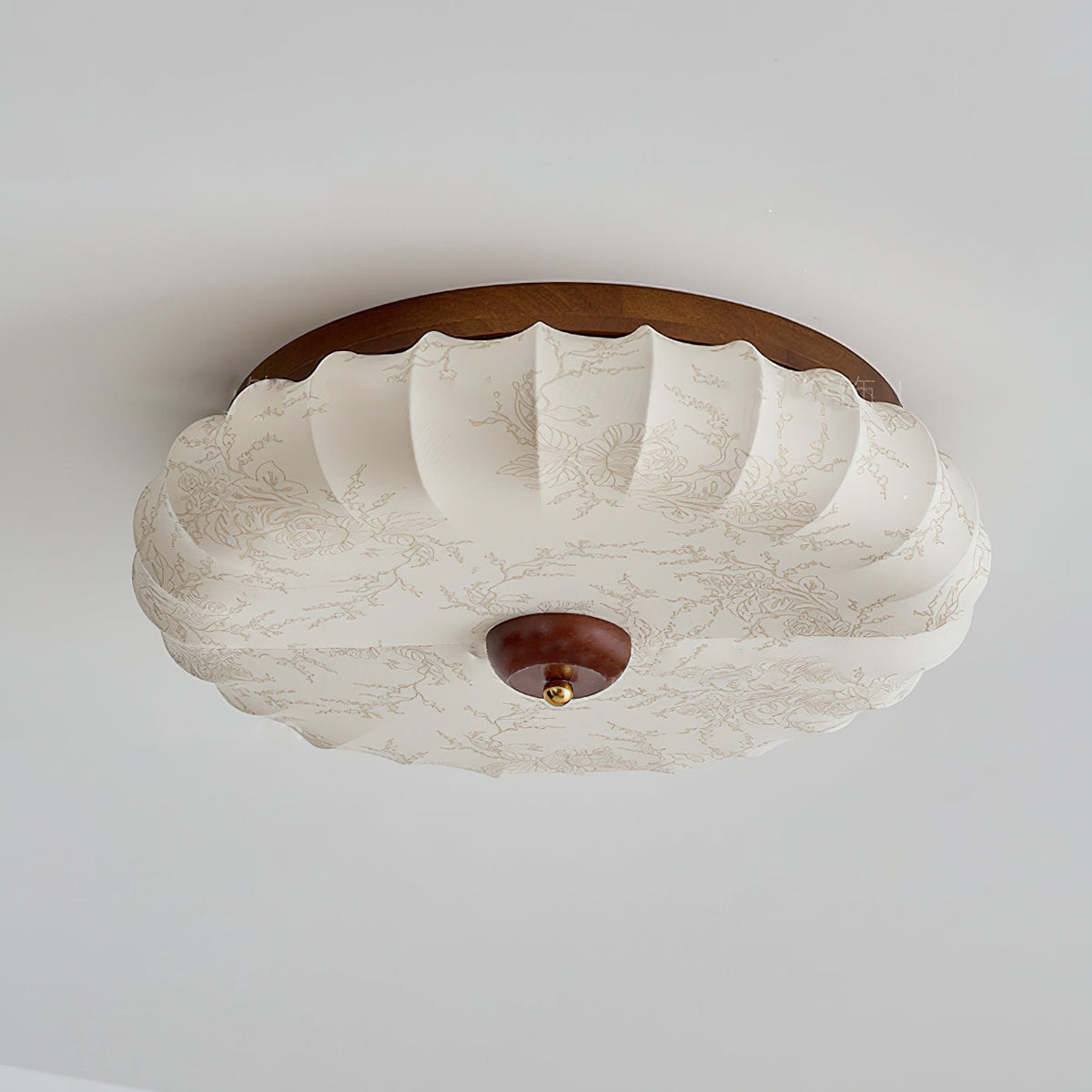 Miroraine vlakke plafondlamp walnootkleurige afwerking beige stoffen kap