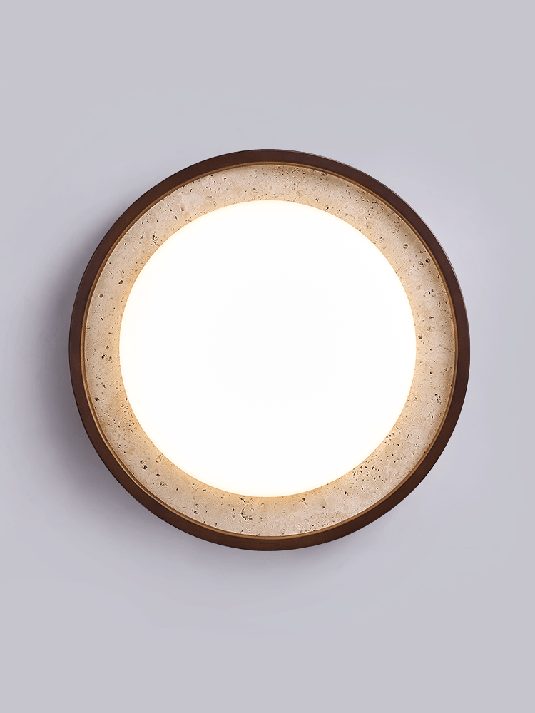 Bexm ronde plafondlamp van geel travertin en walnoothout