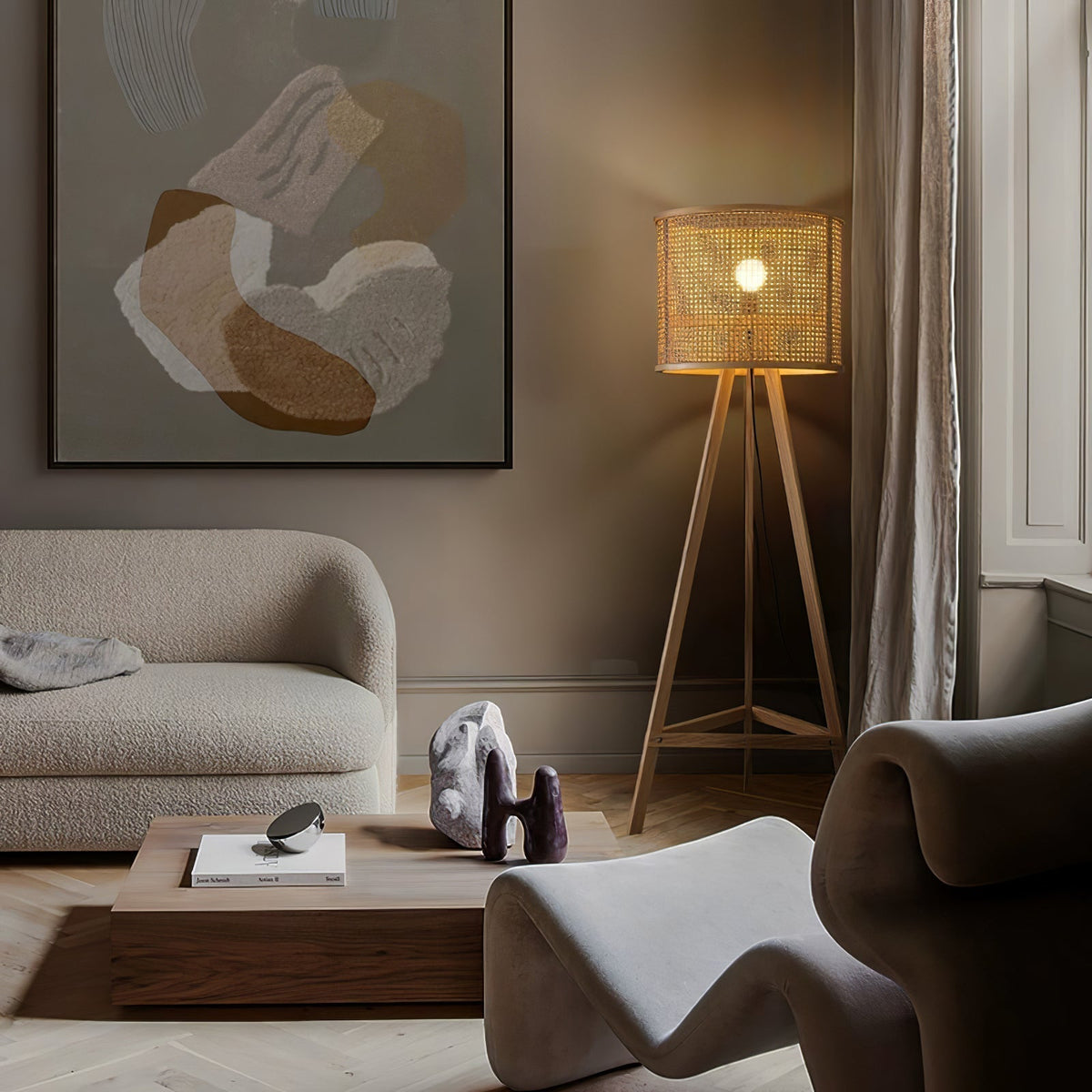 Olsolyra rotan geweven vloerlamp met driepoot en houten frame