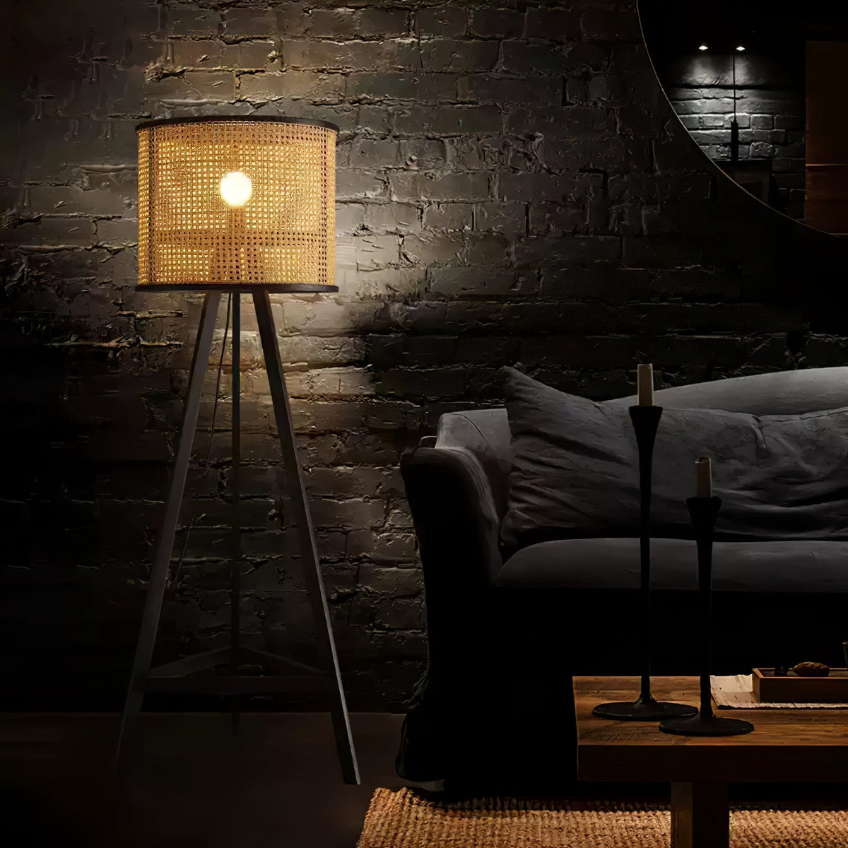 Olsolyra rotan geweven vloerlamp met driepoot en houten frame