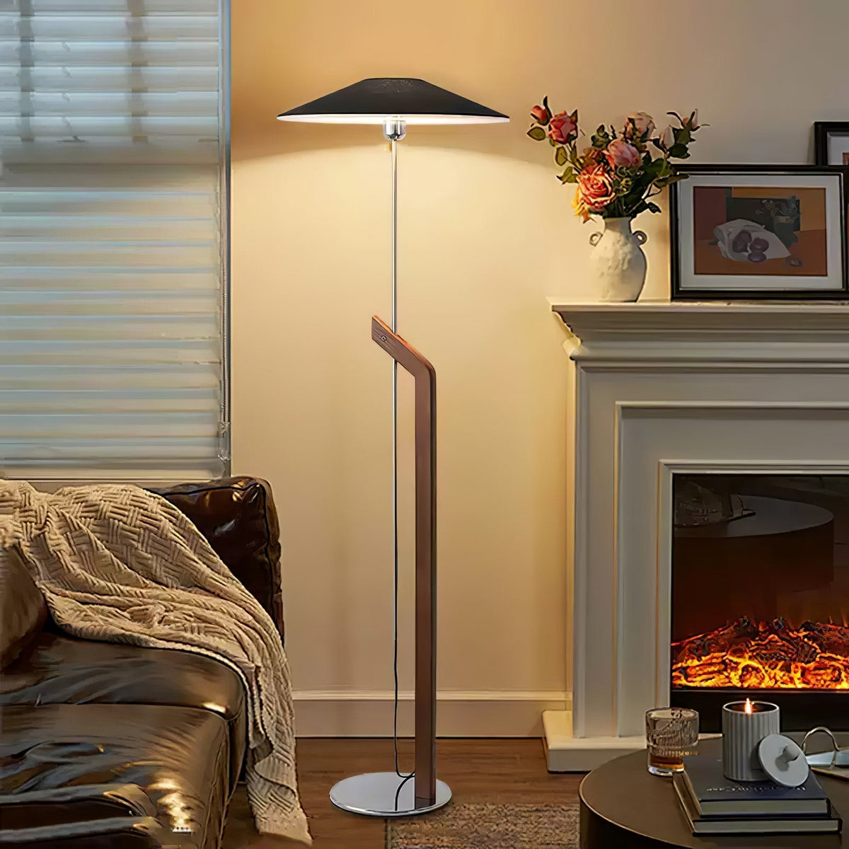 Lumorine Moderne vloerlamp met parapluhoofd in walnootkleur