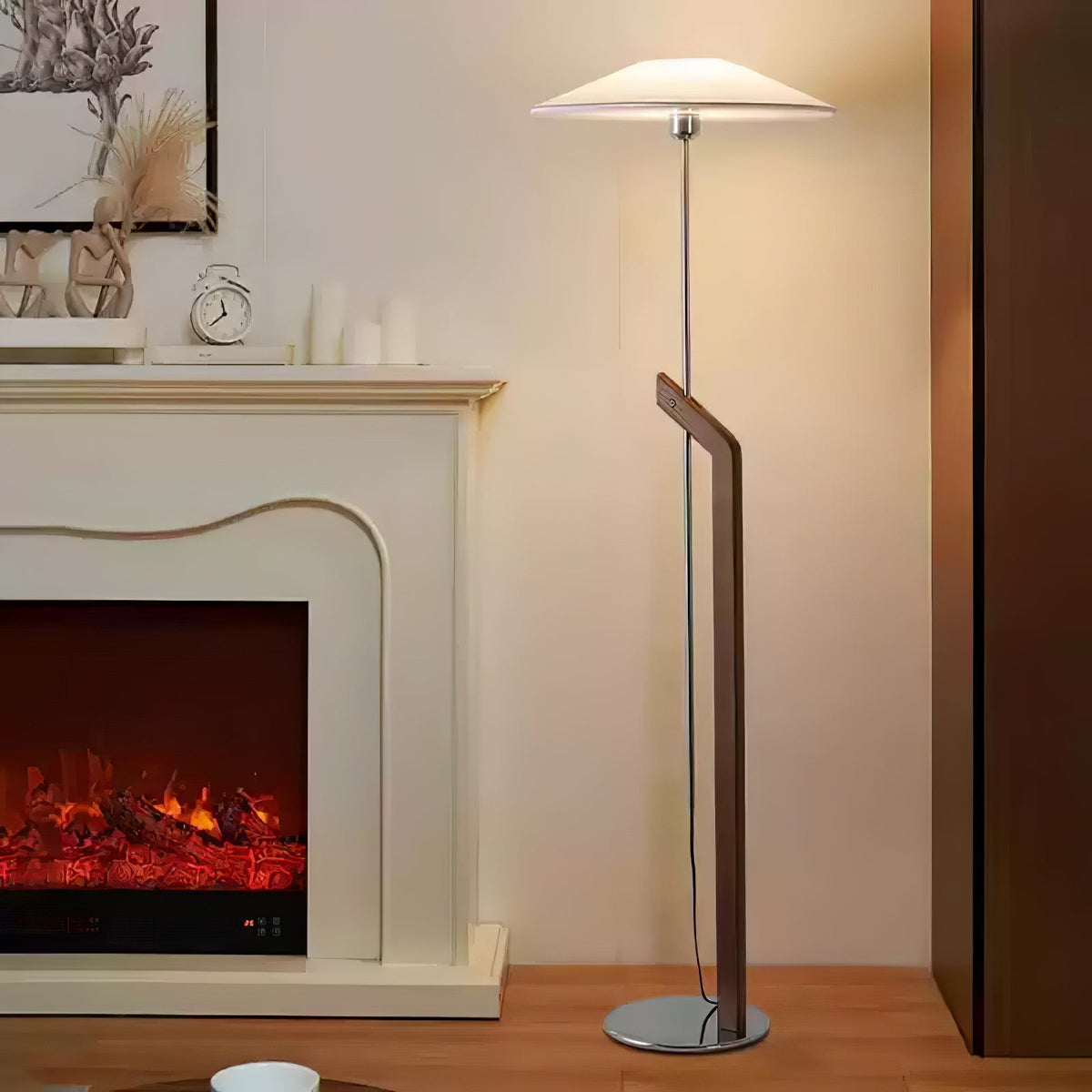 Lumorine Moderne vloerlamp met parapluhoofd in walnootkleur