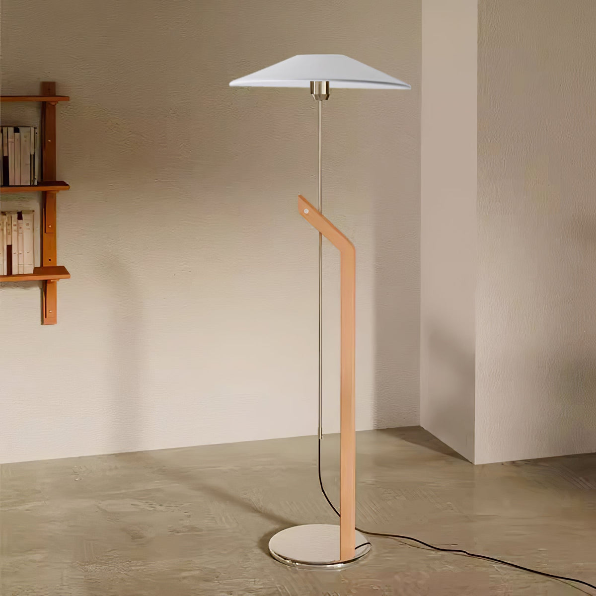 Lumorine Moderne vloerlamp met parapluhoofd in walnootkleur