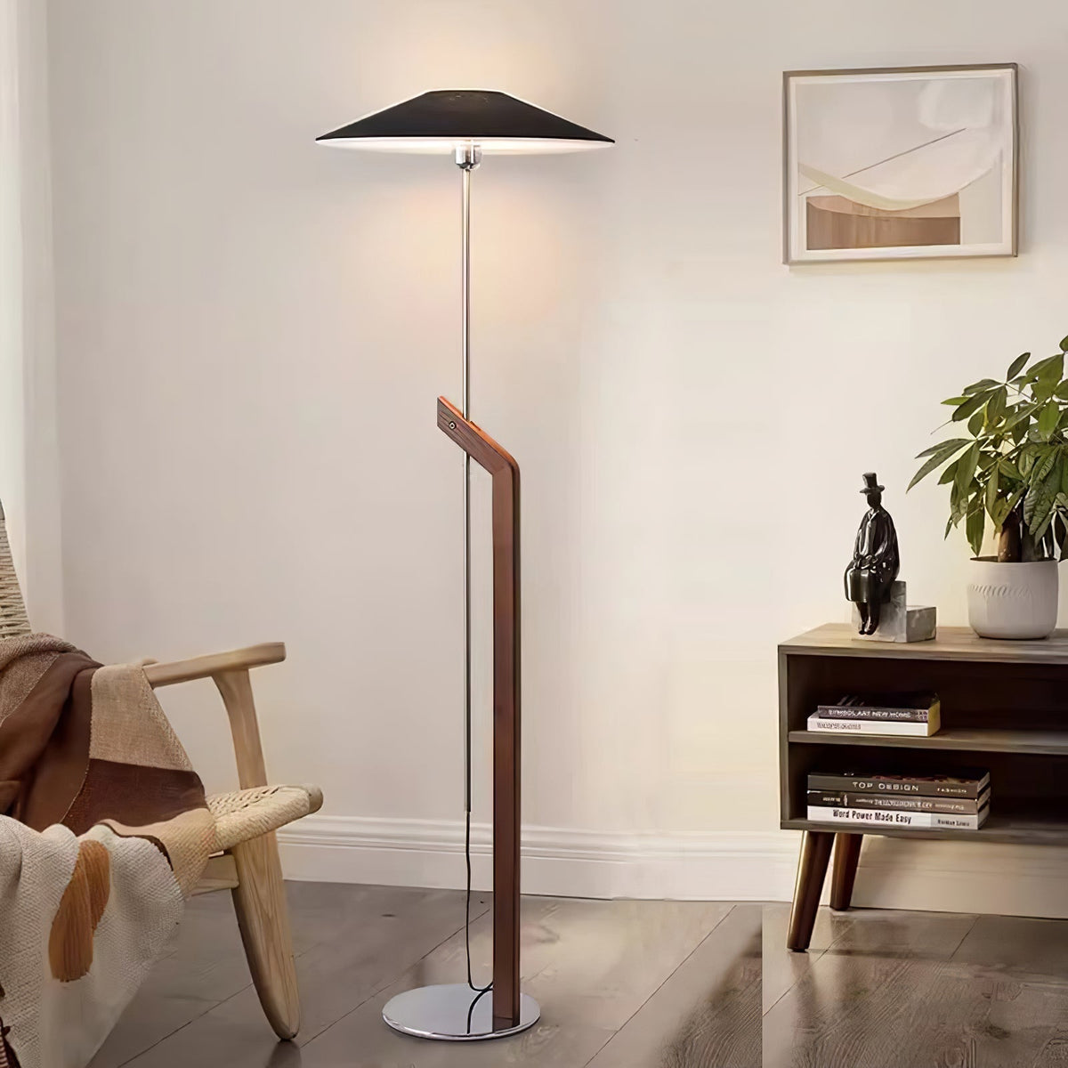 Lumorine Moderne vloerlamp met parapluhoofd in walnootkleur