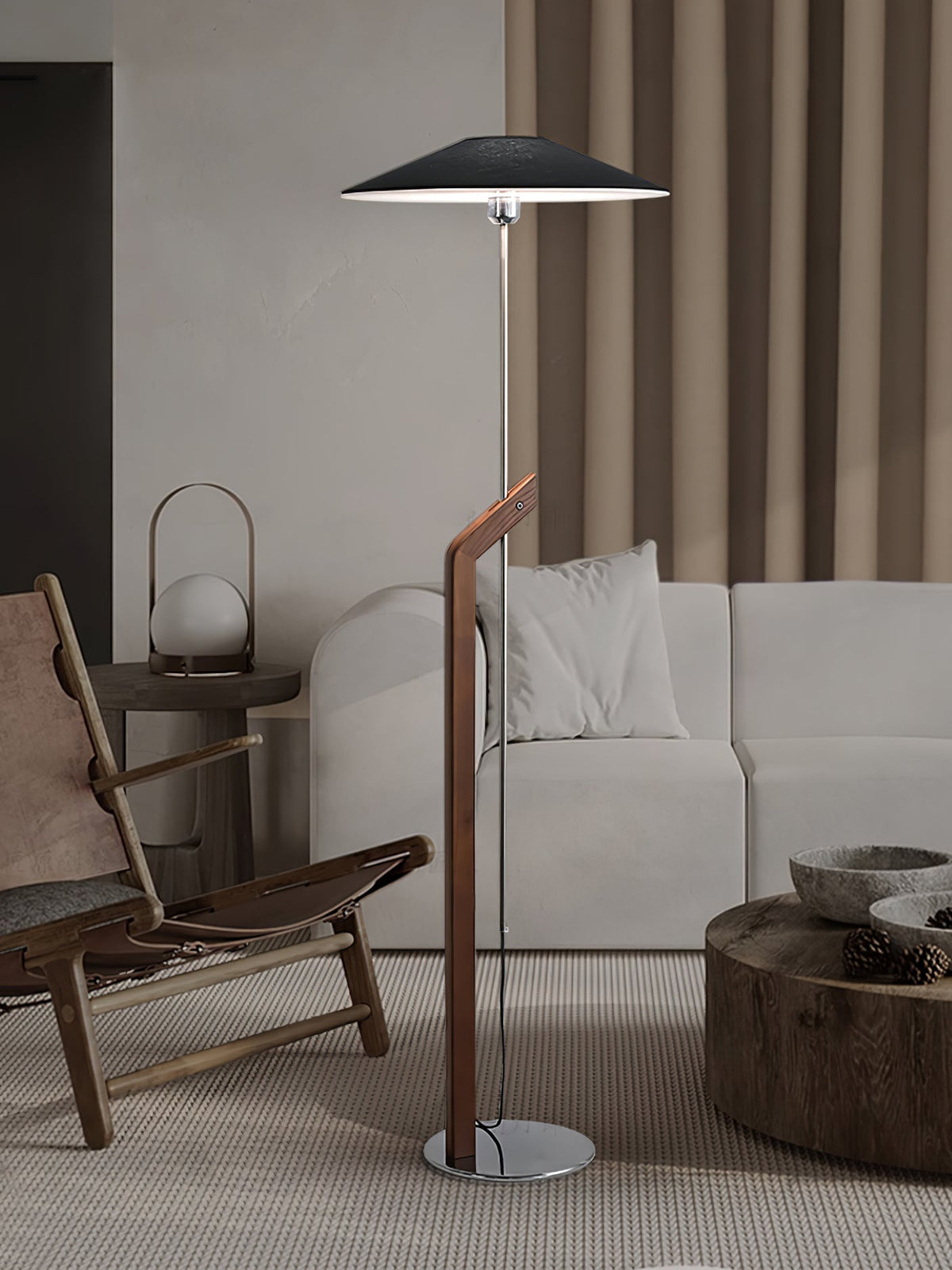 Lumorine Moderne vloerlamp met parapluhoofd in walnootkleur