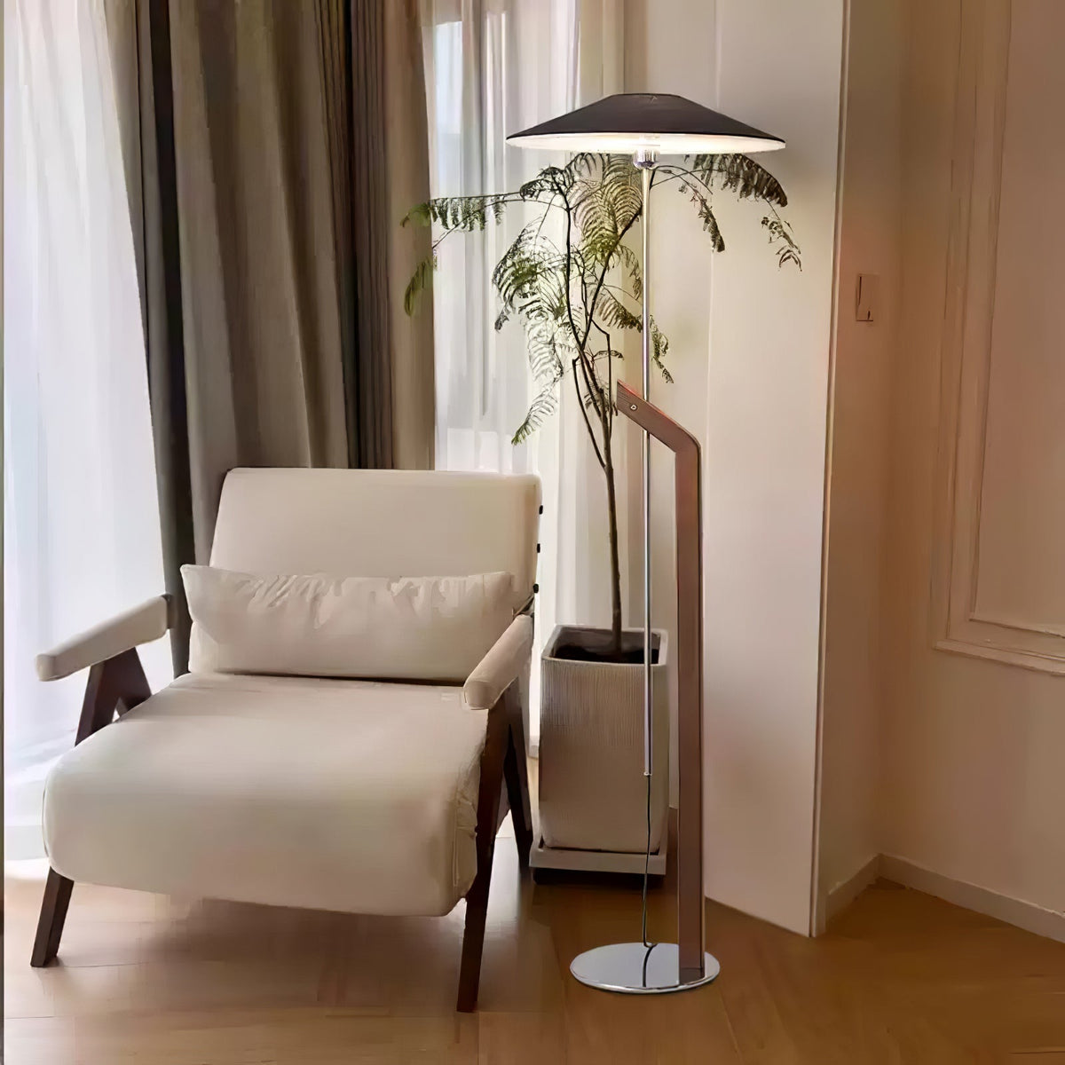 Lumorine Moderne vloerlamp met parapluhoofd in walnootkleur