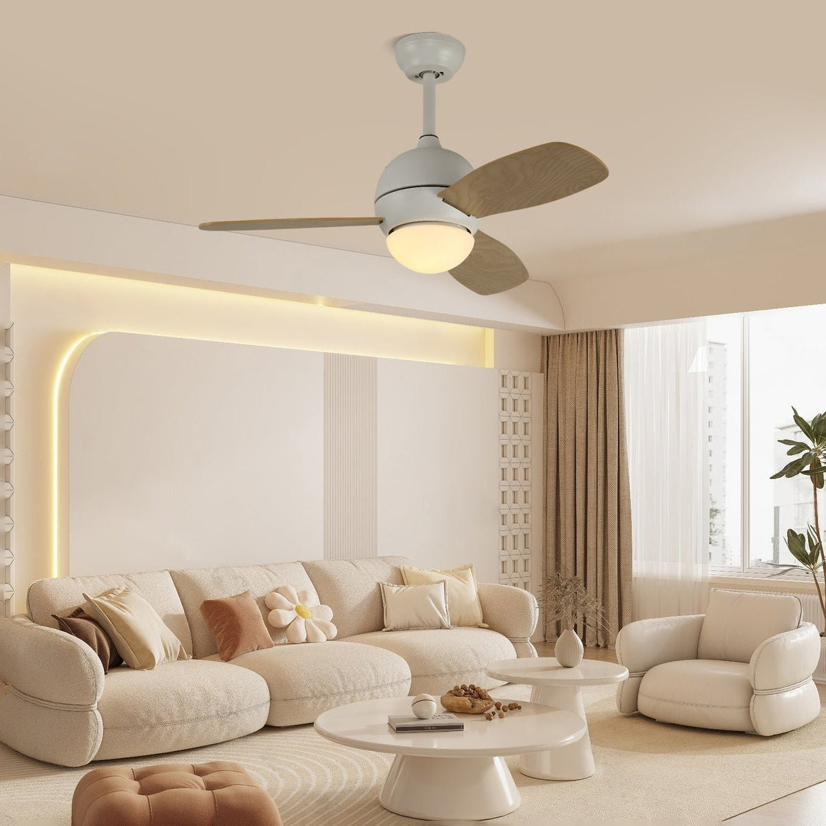 Vevo Minimalistische plafondventilator met verlichting in wit en houtnerf