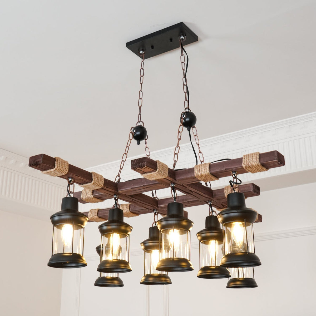Rinoella Kroonluchter Vintage Hout glas Retro