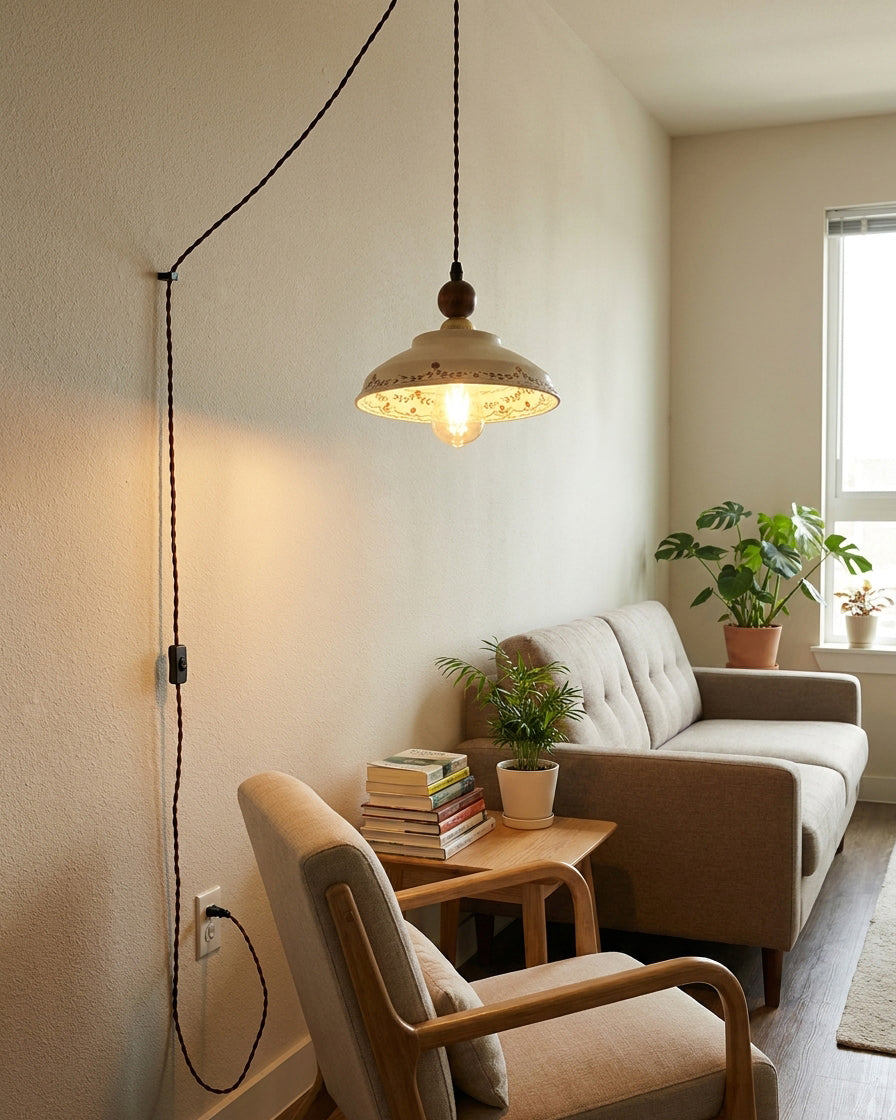 Orelerise hanglamp Off White Bloemblaad Koepel Walnoot Met Stekker Vintage Keuken