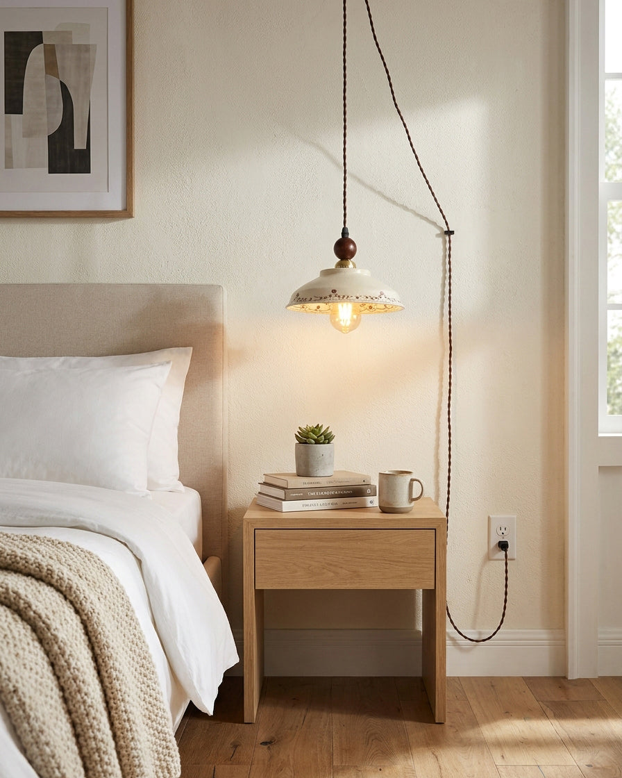 Orelerise hanglamp Off White Bloemblaad Koepel Walnoot Met Stekker Vintage Keuken