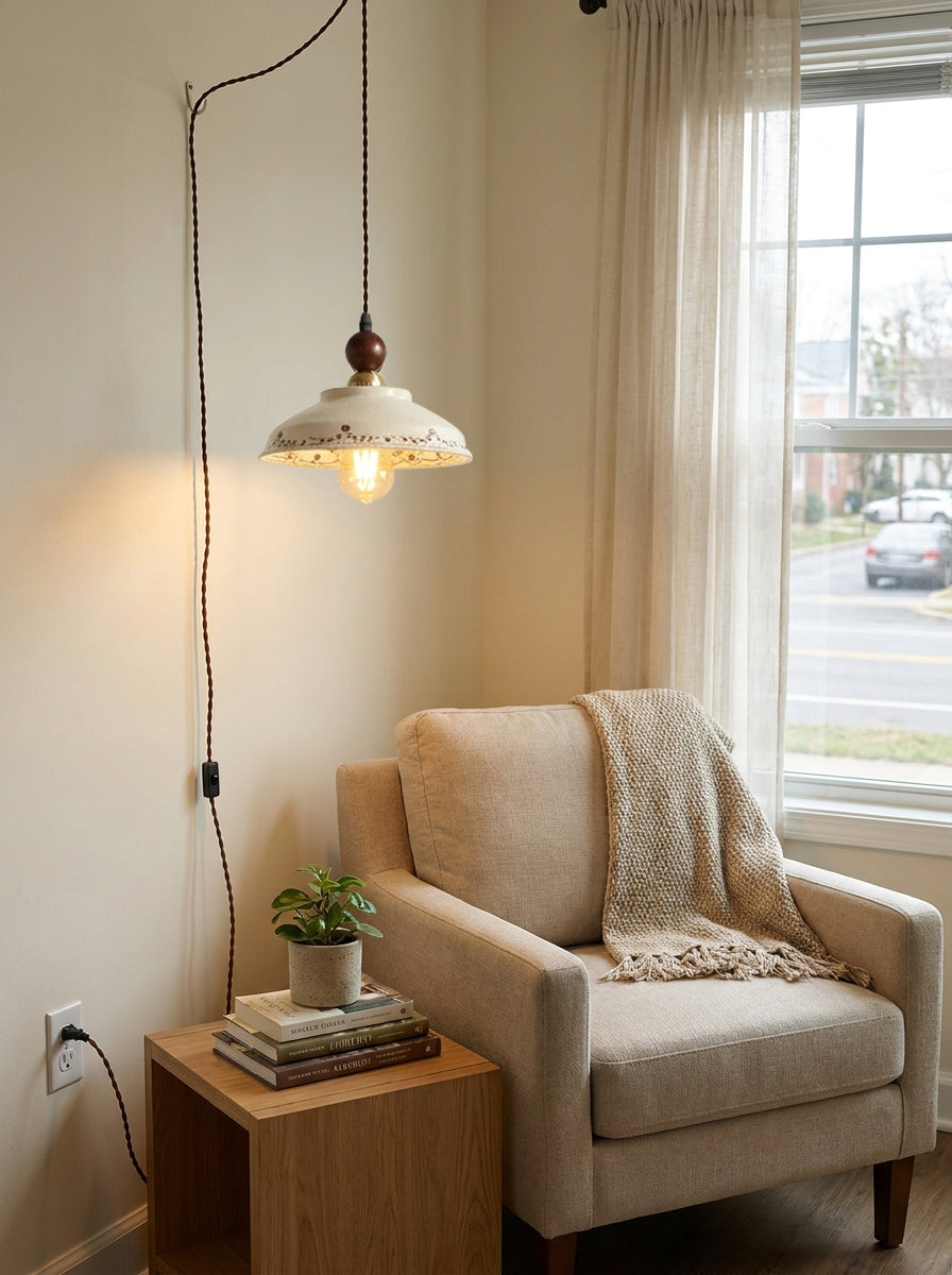 Orelerise hanglamp Off White Bloemblaad Koepel Walnoot Met Stekker Vintage Keuken