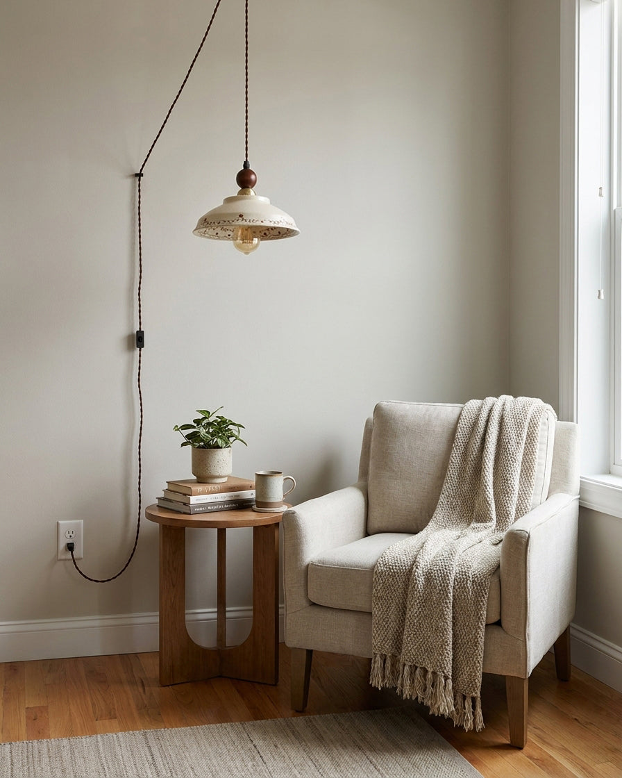 Orelerise hanglamp Off White Bloemblaad Koepel Walnoot Met Stekker Vintage Keuken