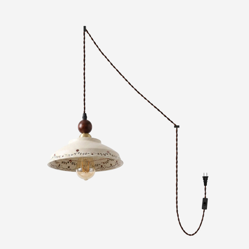 Orelerise hanglamp Off White Bloemblaad Koepel Walnoot Met Stekker Vintage Keuken