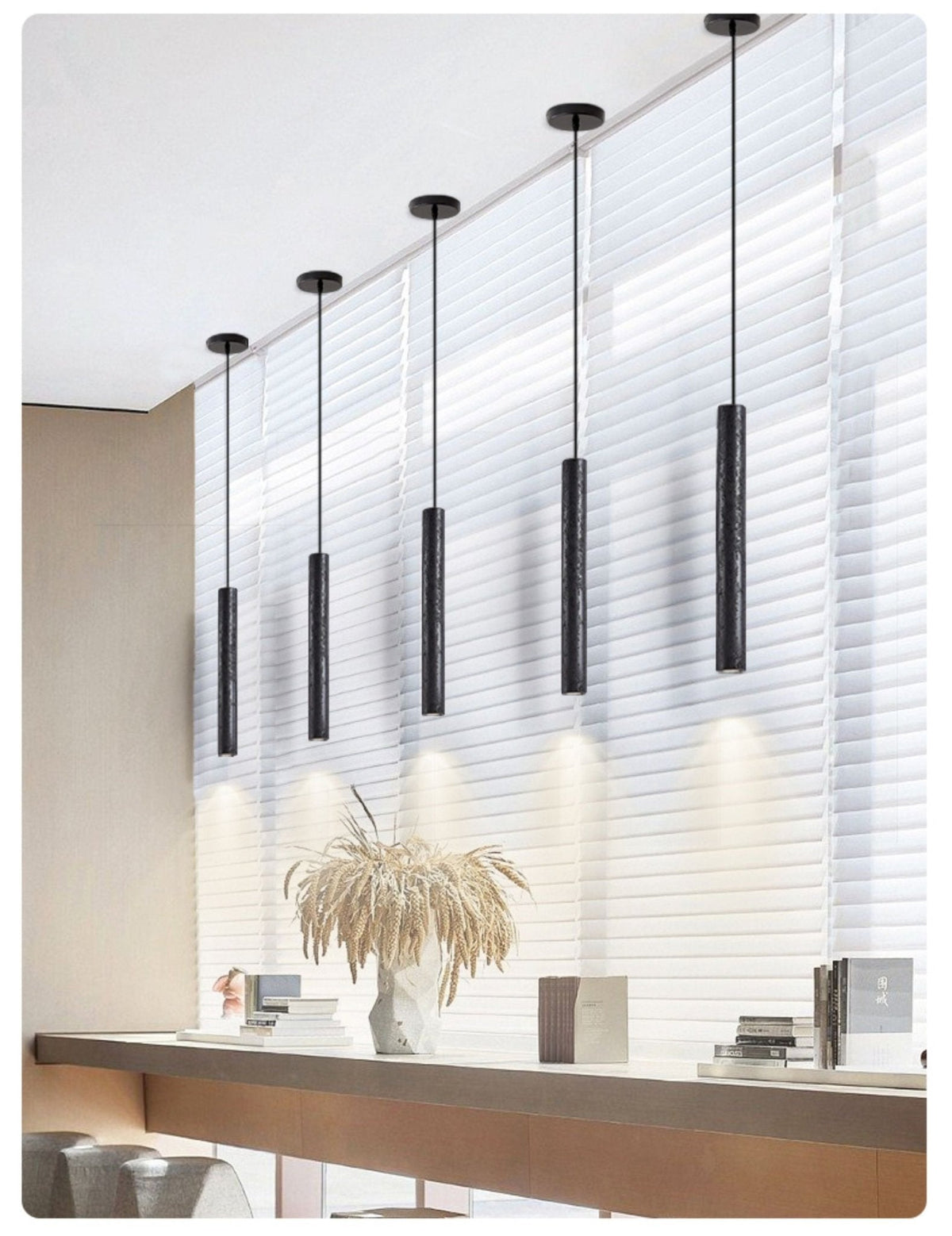 Fosb Slim Zwart travertin hanglamp met Buisvormige Behuizing