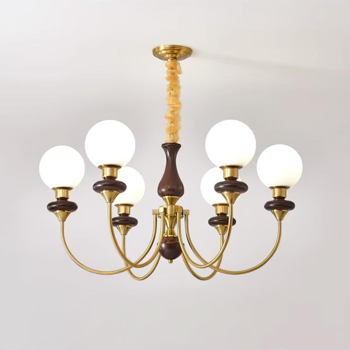 Rinoelle Kroonluchter Retro messing Walnoot glas