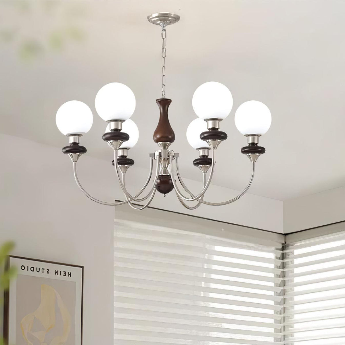 Rinoelle Kroonluchter Retro messing Walnoot glas
