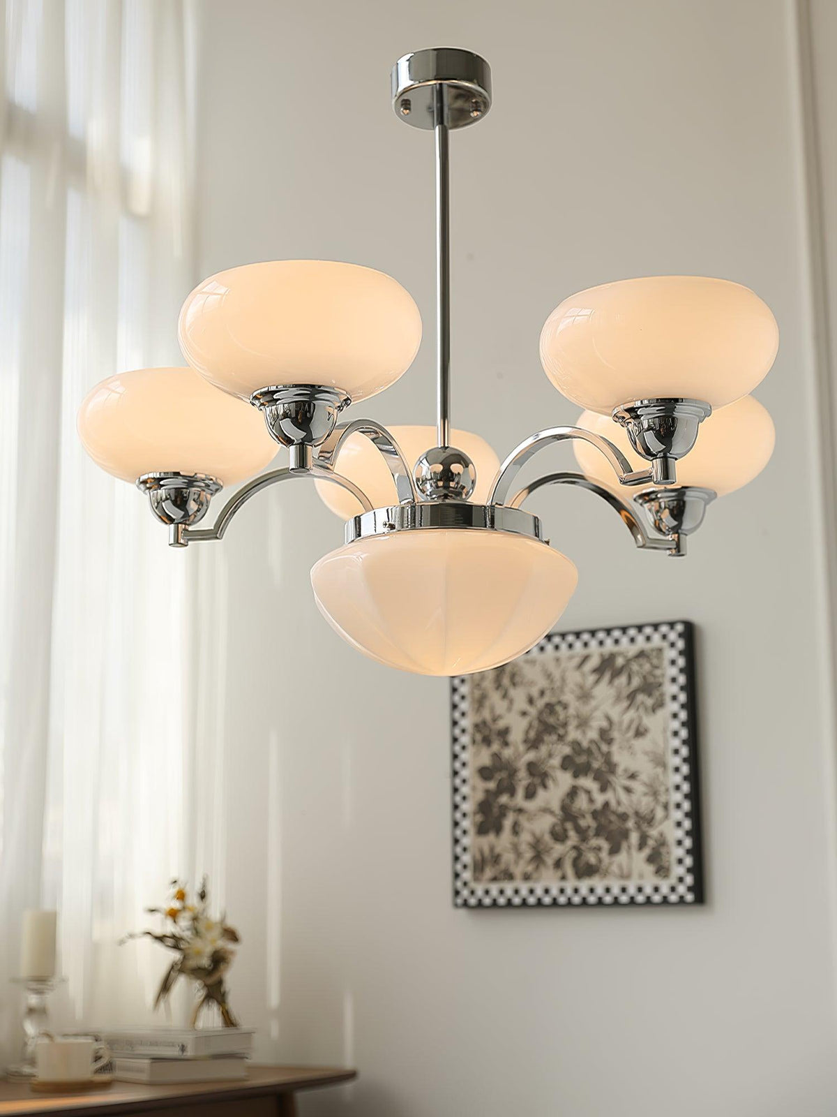 Veliniel kroonluchter Warre Satin Nickel glas IJzer