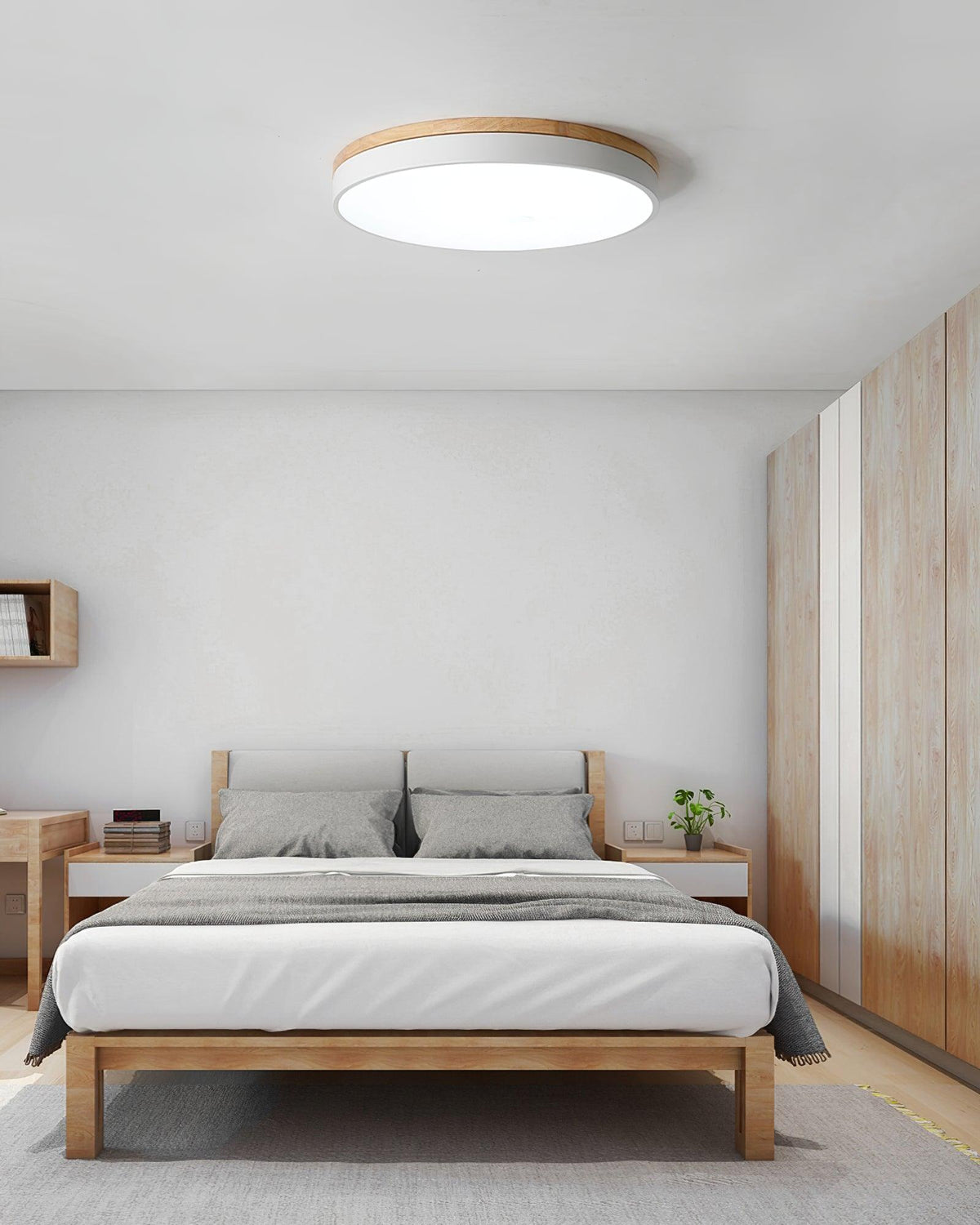 Daelis Witte Ronde plafondlamp met Houten Accent